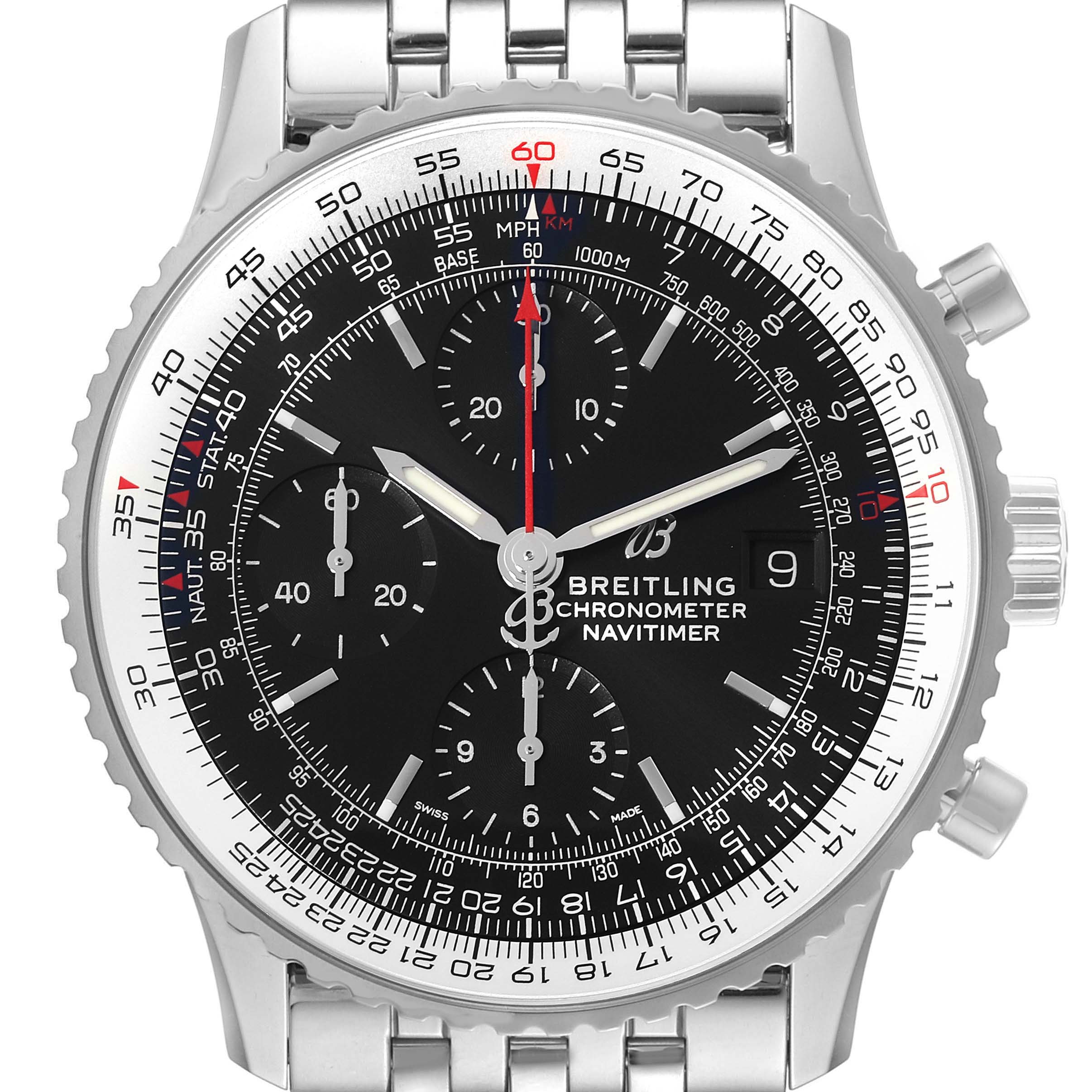 This image shows the front view of a Breitling Navitimer A13324 Men's Stainless Steel Black Dial A13324 Men's Stainless Steel Black Dial watch, highlighting its dial, subdials, bezel, and bracelet.