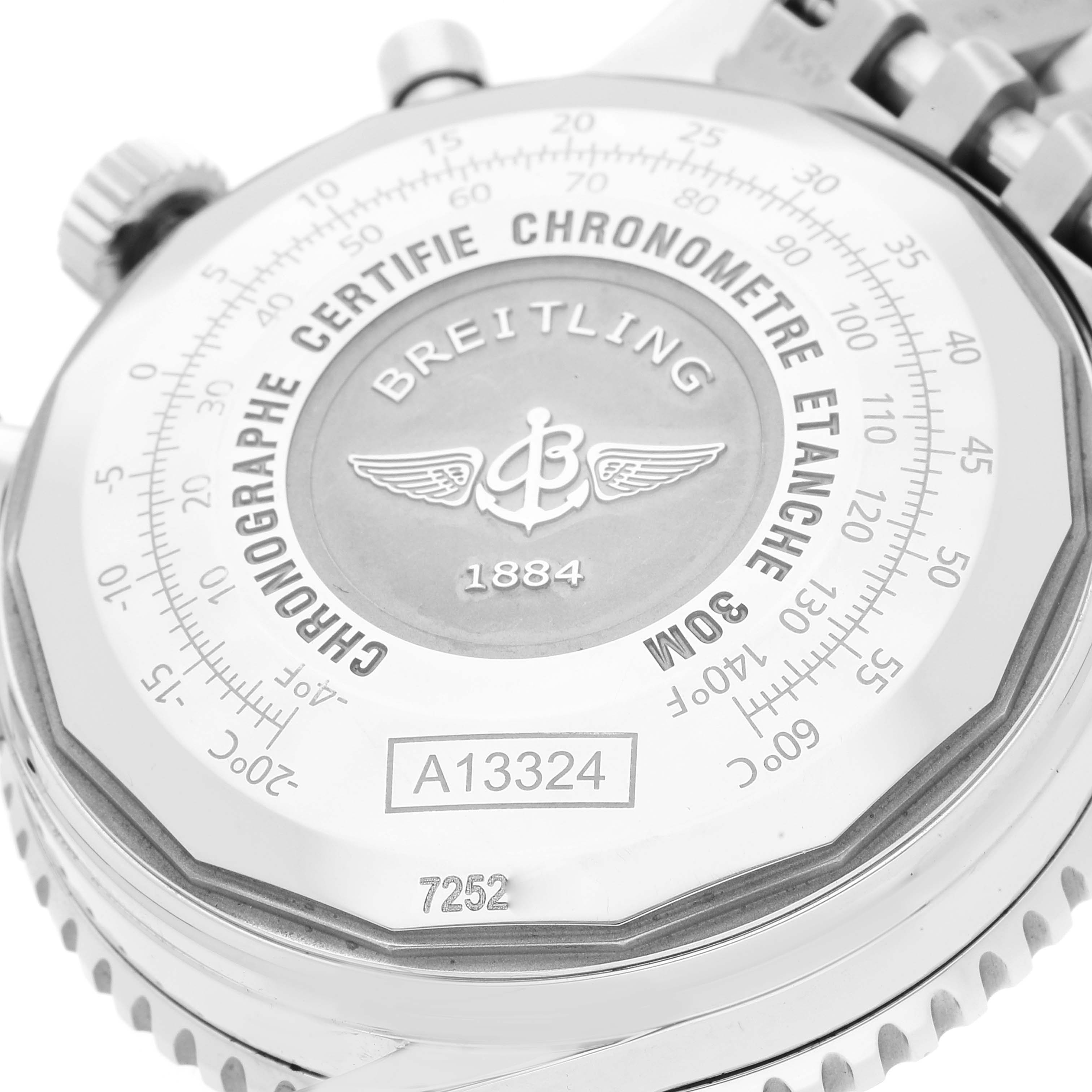 This image shows the back case of a Breitling Navitimer A13324 Men's Stainless Steel Black Dial A13324 Men's Stainless Steel Black Dial watch displaying its branding, model number A13324, and specifications.