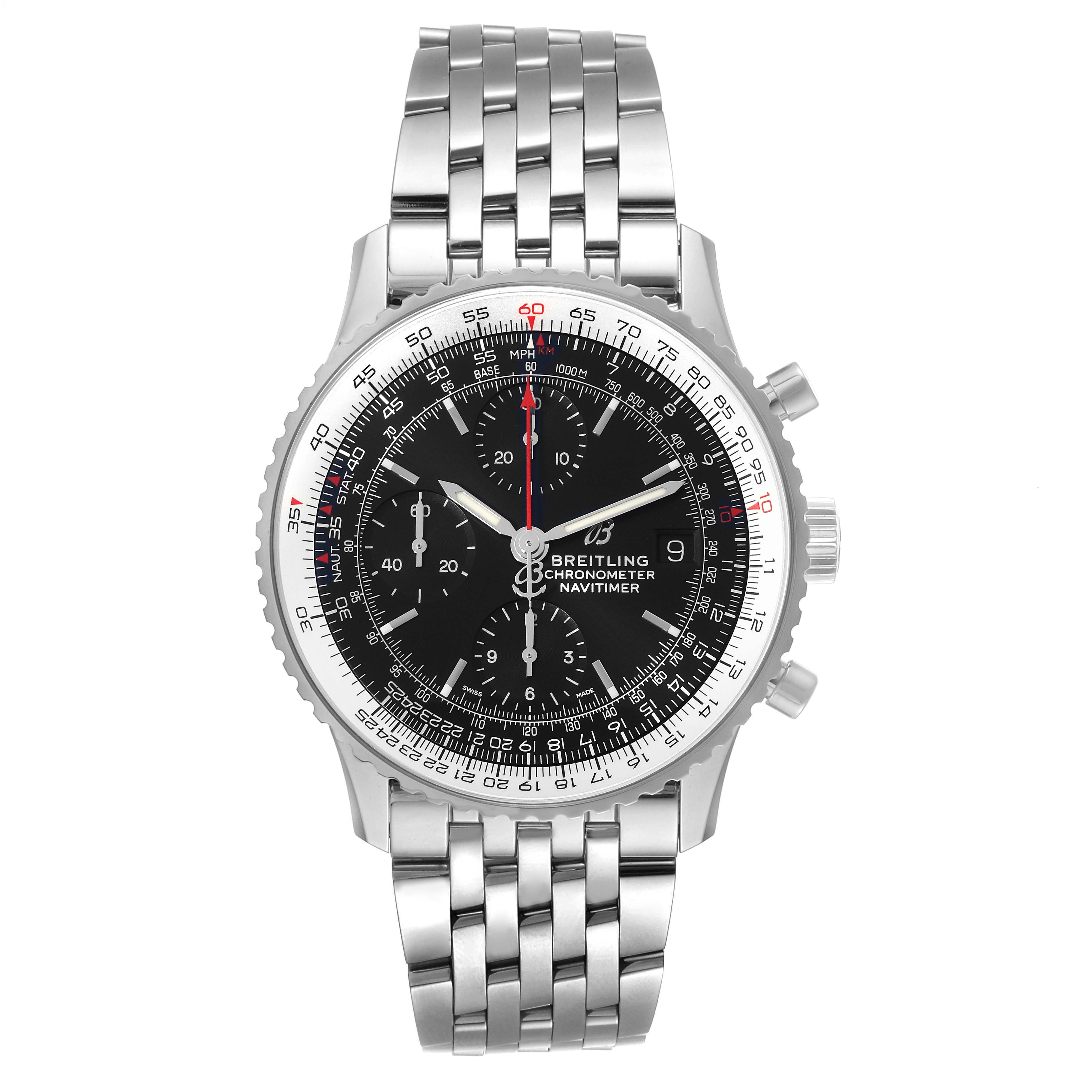 A frontal view of the Breitling Navitimer A13324 Men's Stainless Steel Black Dial A13324 Men's Stainless Steel Black Dial watch, showcasing the dial, bezel, and metal bracelet.