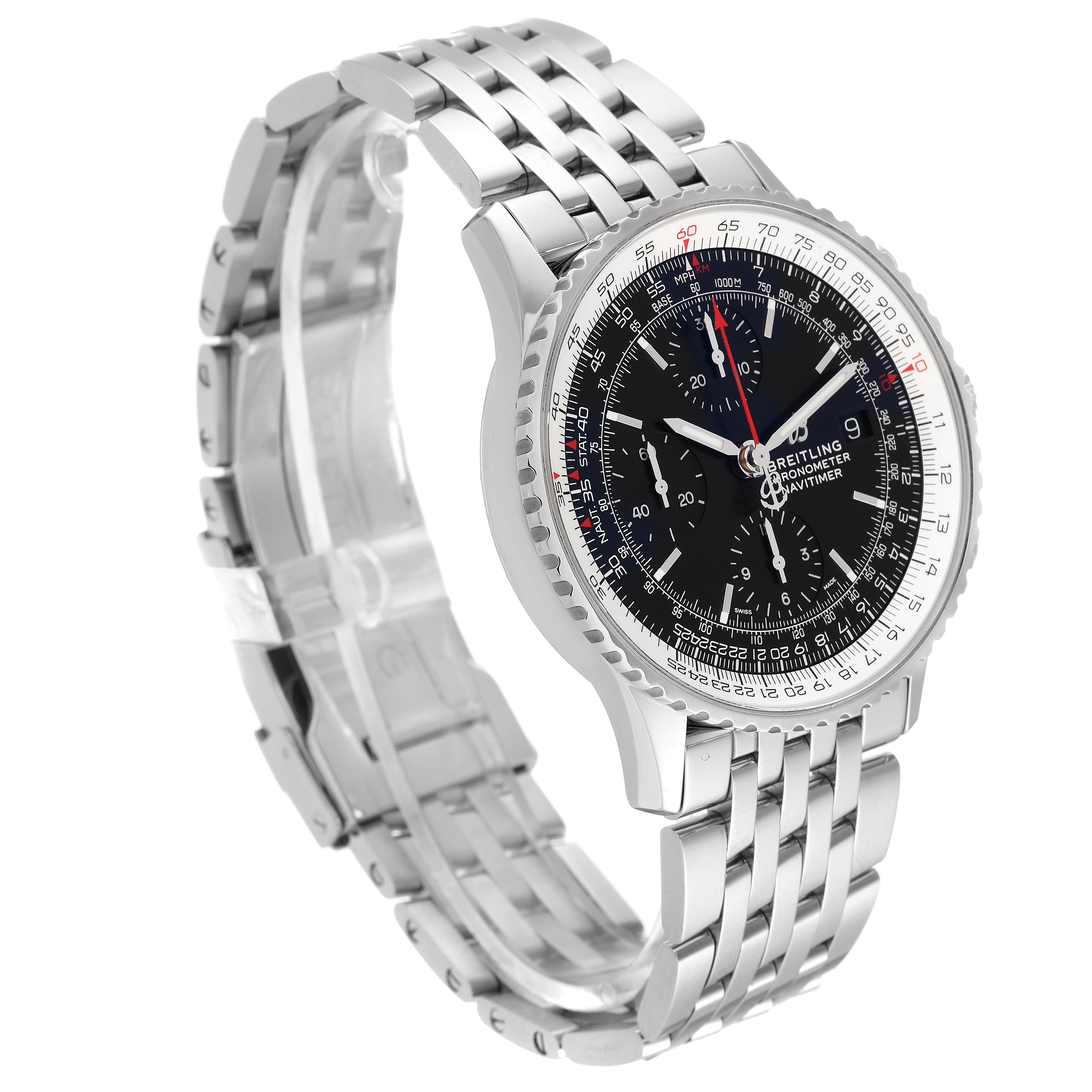 The Breitling Navitimer A13324 Men's Stainless Steel Black Dial A13324 Men's Stainless Steel Black Dial watch is shown at a three-quarter angle, highlighting its face and metal bracelet.
