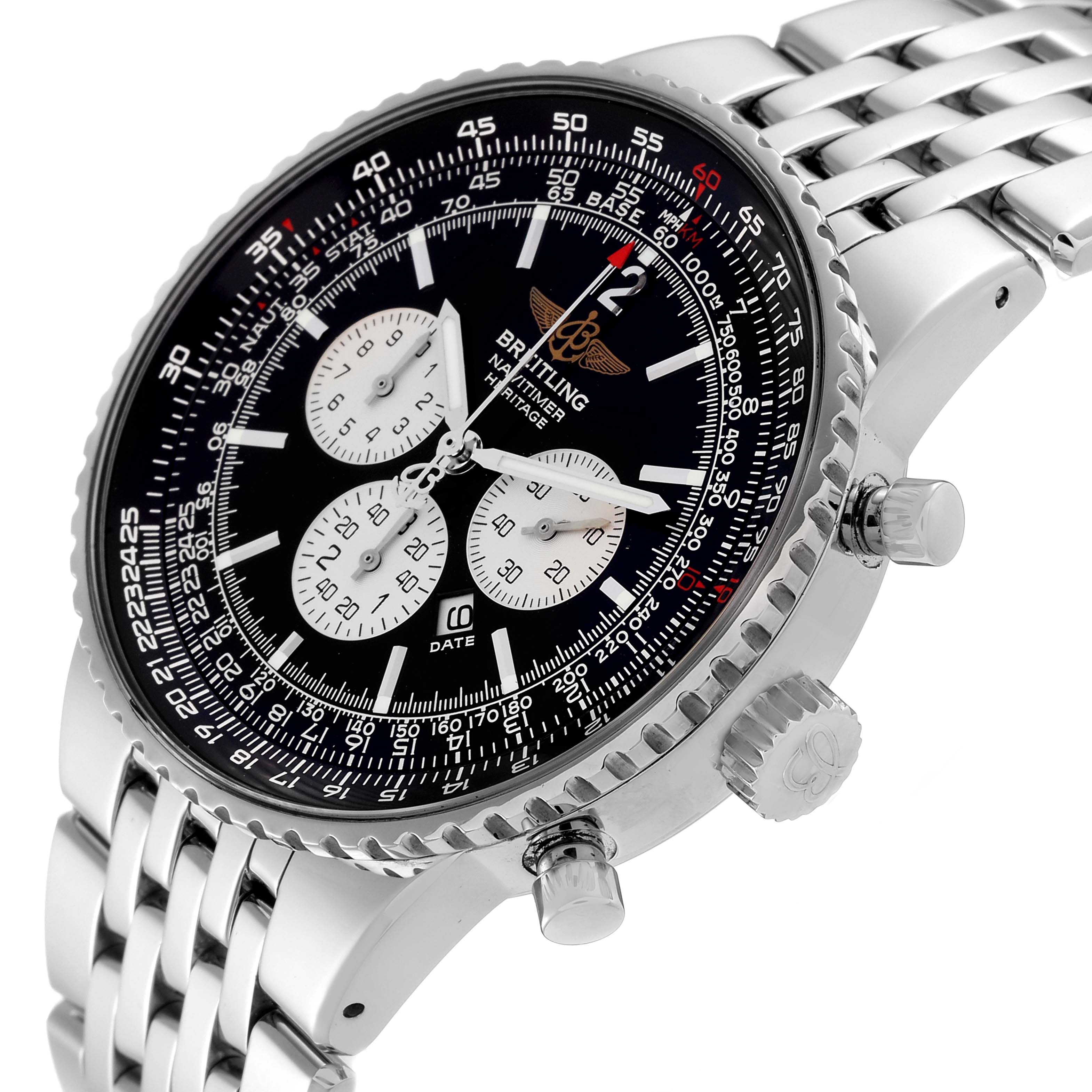 The image shows the Breitling Navitimer A35350 Men's Stainless Steel Black Dial A35350 Men's Stainless Steel Black Dial watch's face, bezel, crown, pushers, and part of the bracelet from a side angle.