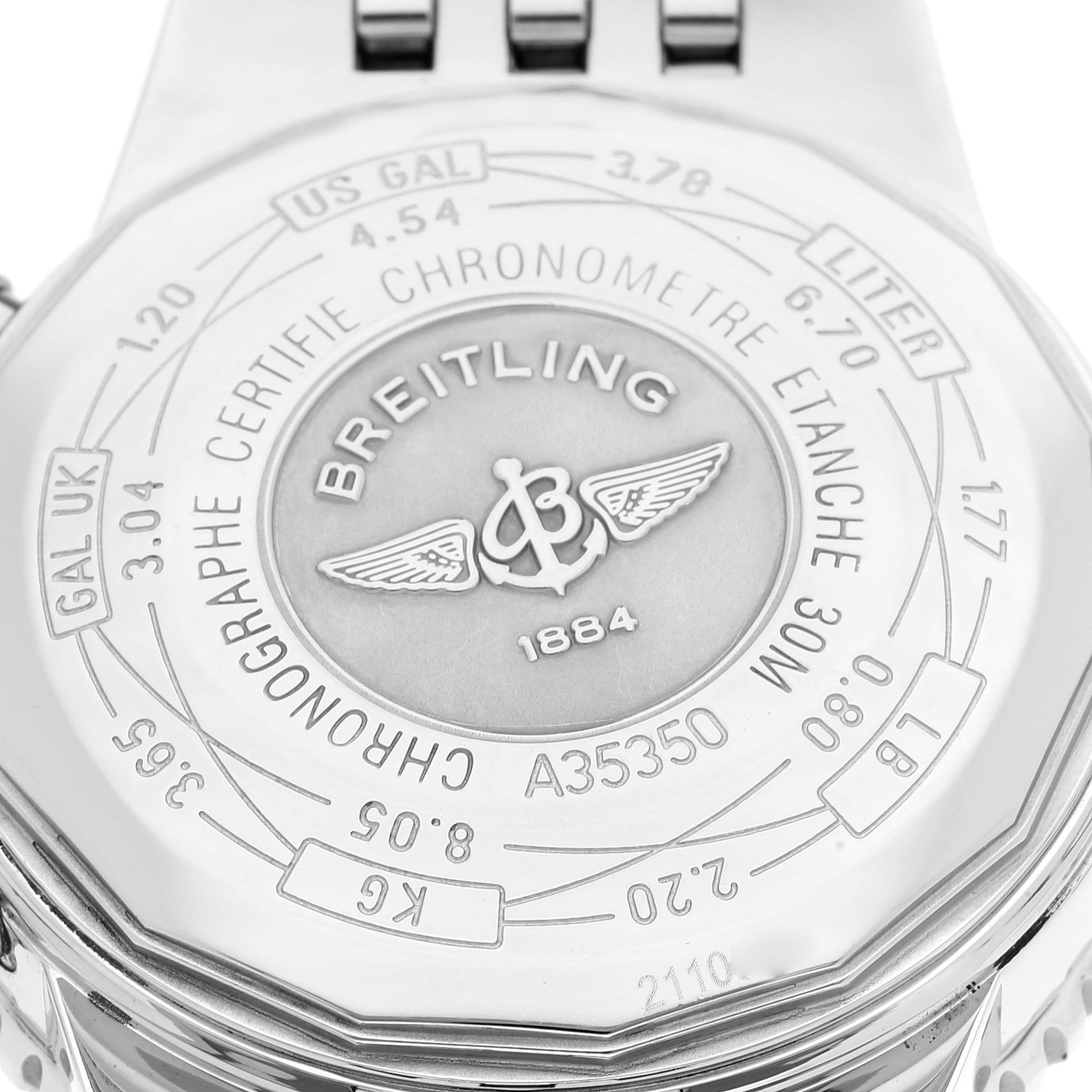 The image shows the back case of a Breitling Navitimer A35350 Men's Stainless Steel Black Dial A35350 Men's Stainless Steel Black Dial watch displaying engravings and the brand logo.