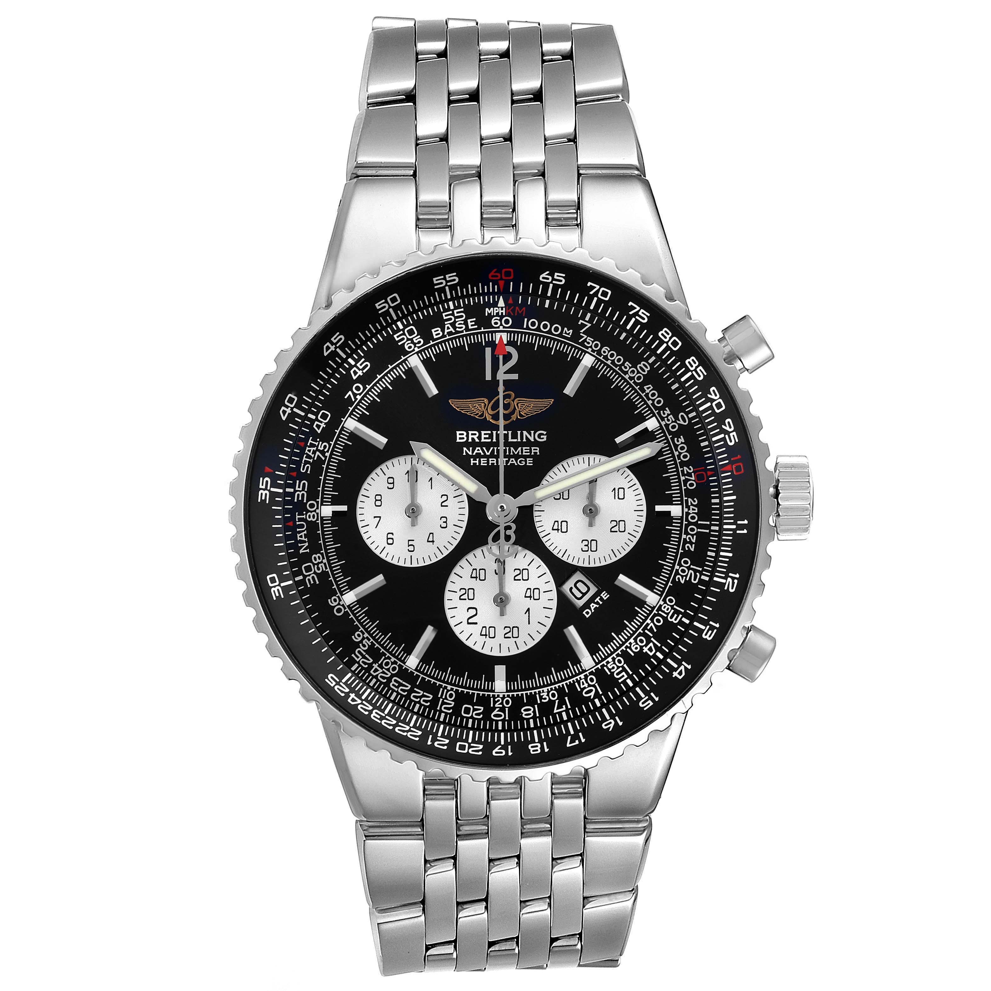 The Breitling Navitimer A35350 Men's Stainless Steel Black Dial A35350 Men's Stainless Steel Black Dial watch is shown from a front angle, displaying its face, dial, and stainless steel bracelet clearly.