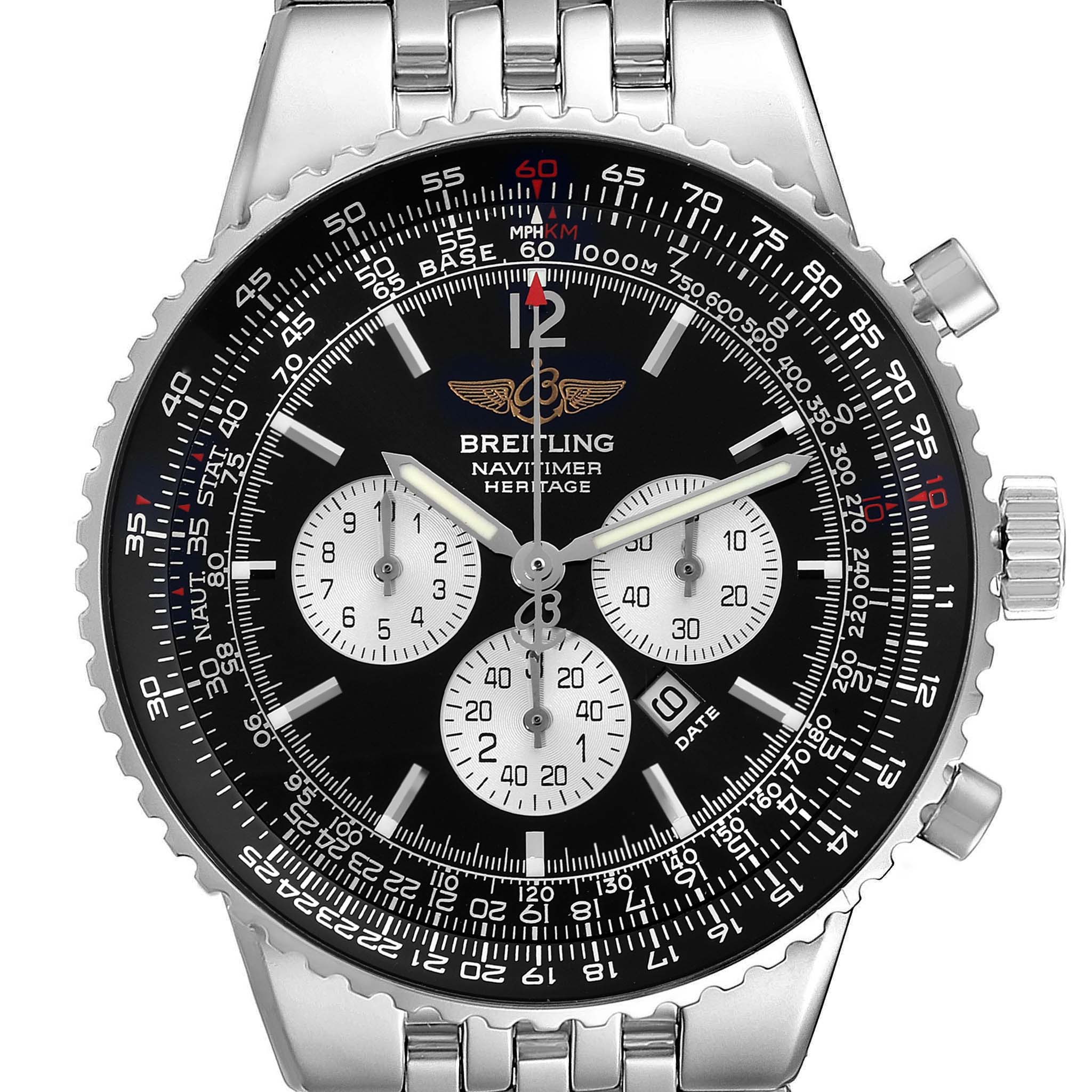 This image shows a front view of a Breitling Navitimer A35350 Men's Stainless Steel Black Dial A35350 Men's Stainless Steel Black Dial model with a detailed dial, chronographs, and stainless steel bracelet.