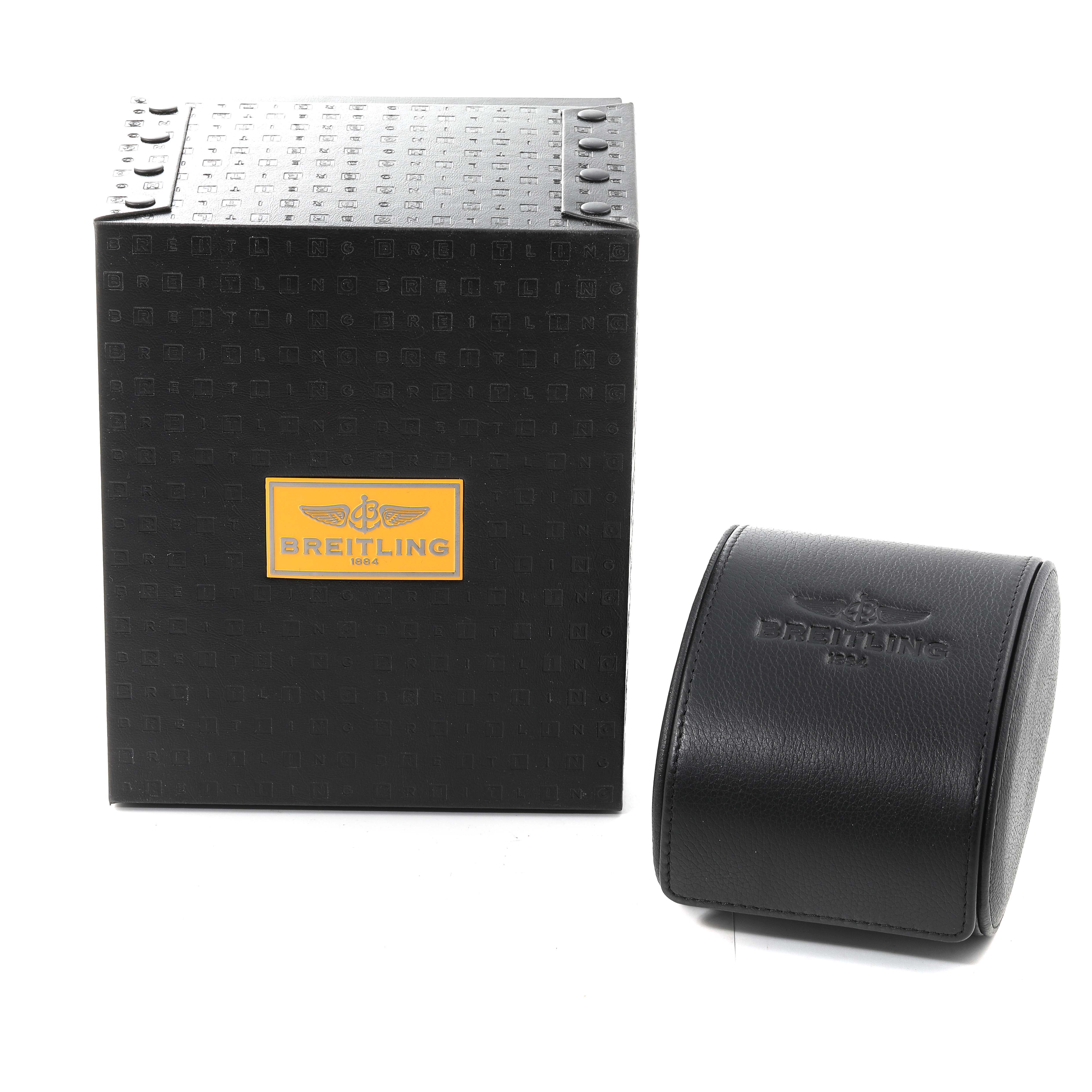 The image shows the packaging and a leather case for a Breitling Navitimer A35350 Men's Stainless Steel Black Dial A35350 Men's Stainless Steel Black Dial watch, displayed at a slight angle.