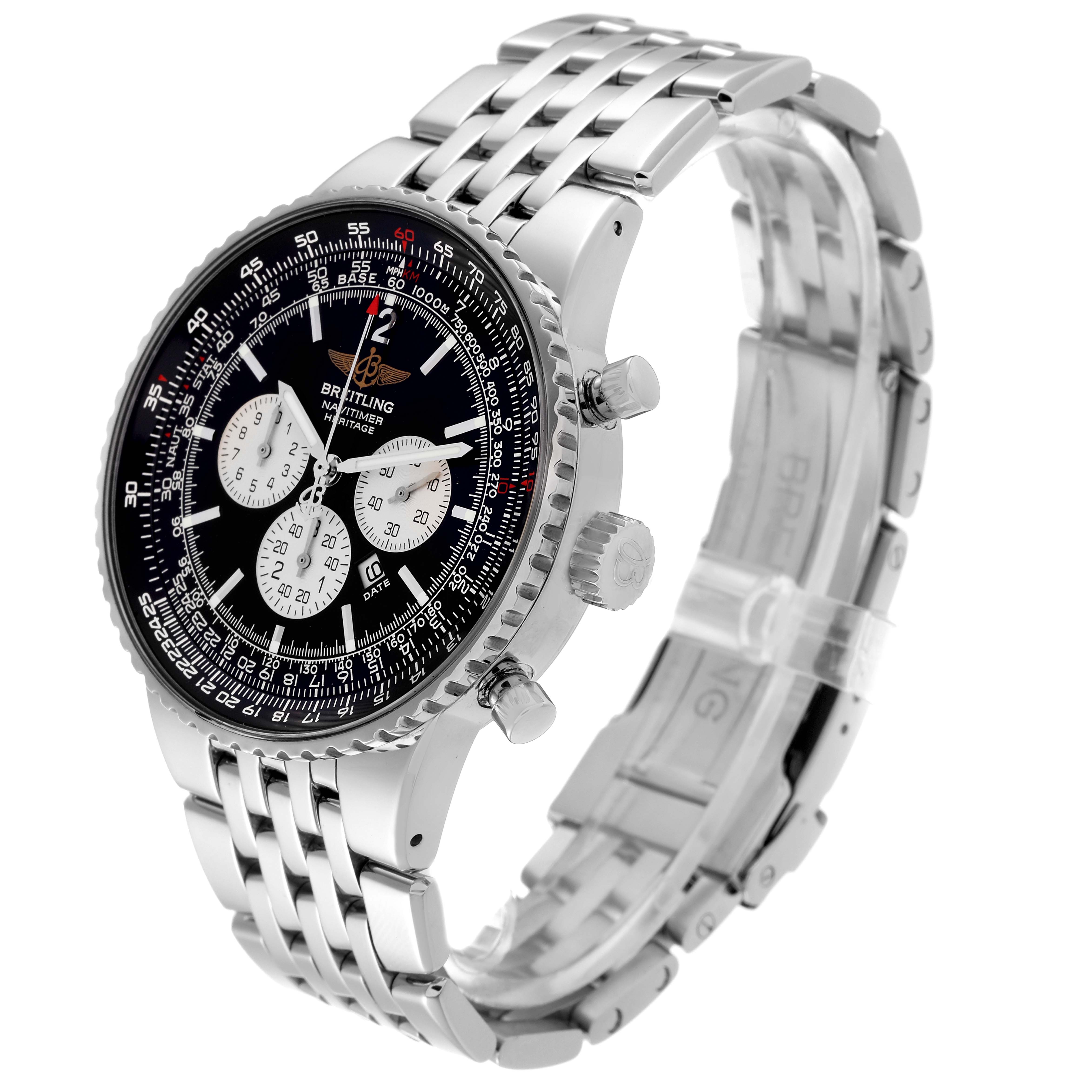 The image shows a side and front angle of a Breitling Navitimer A35350 Men's Stainless Steel Black Dial A35350 Men's Stainless Steel Black Dial watch, displaying its face, crown, and bracelet.