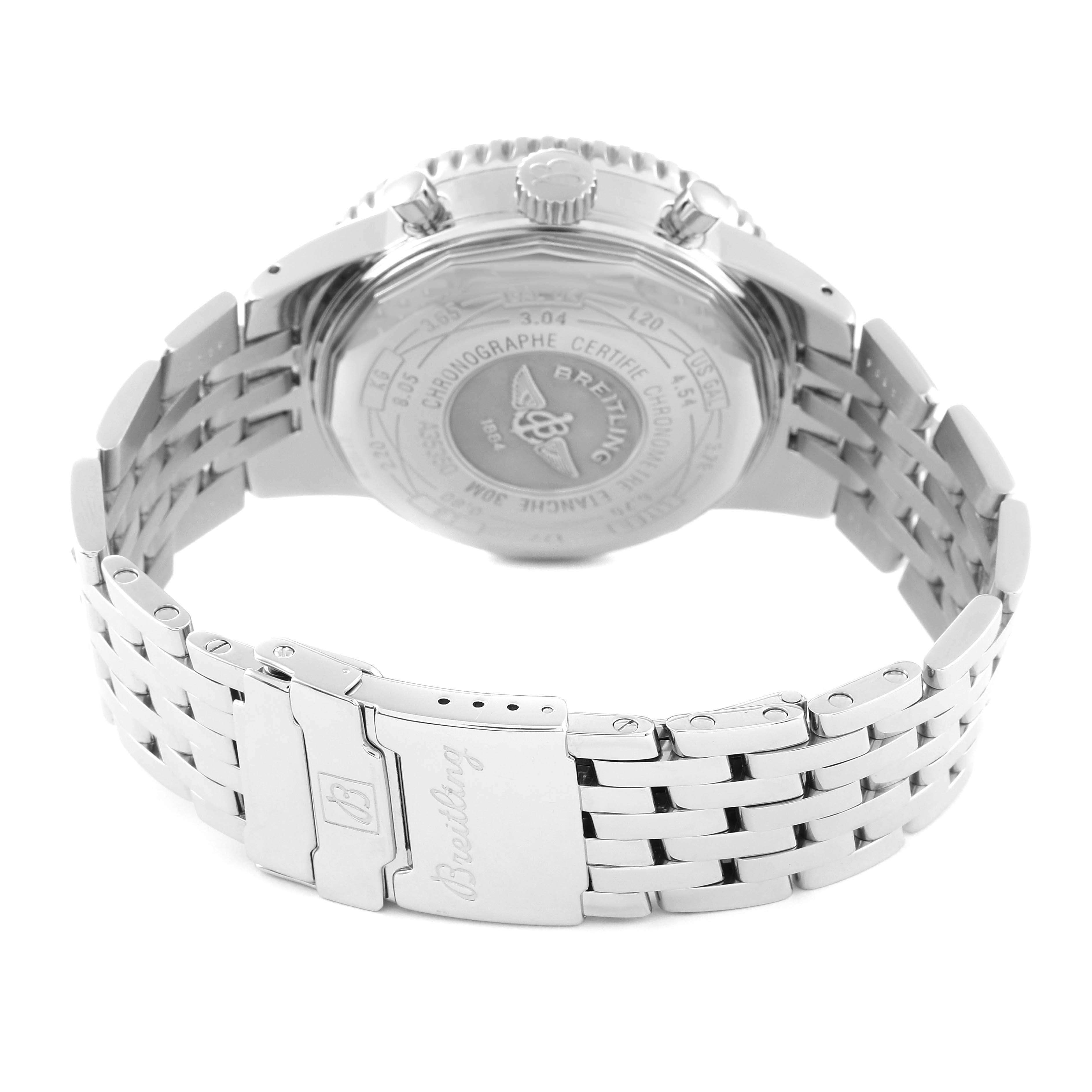 This image shows the back view of a Breitling Navitimer A35350 Men's Stainless Steel Black Dial A35350 Men's Stainless Steel Black Dial, focusing on the case back and bracelet with the clasp visible.