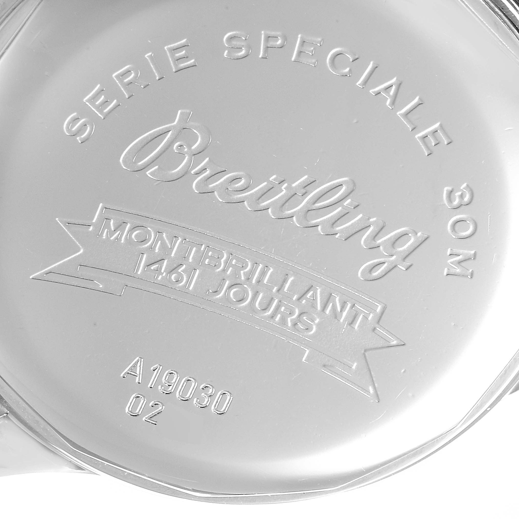 This image shows the back case of a Breitling Navitimer A19030 Men's Stainless Steel Silver Dial A19030 Men's Stainless Steel Silver Dial watch with engraved details.