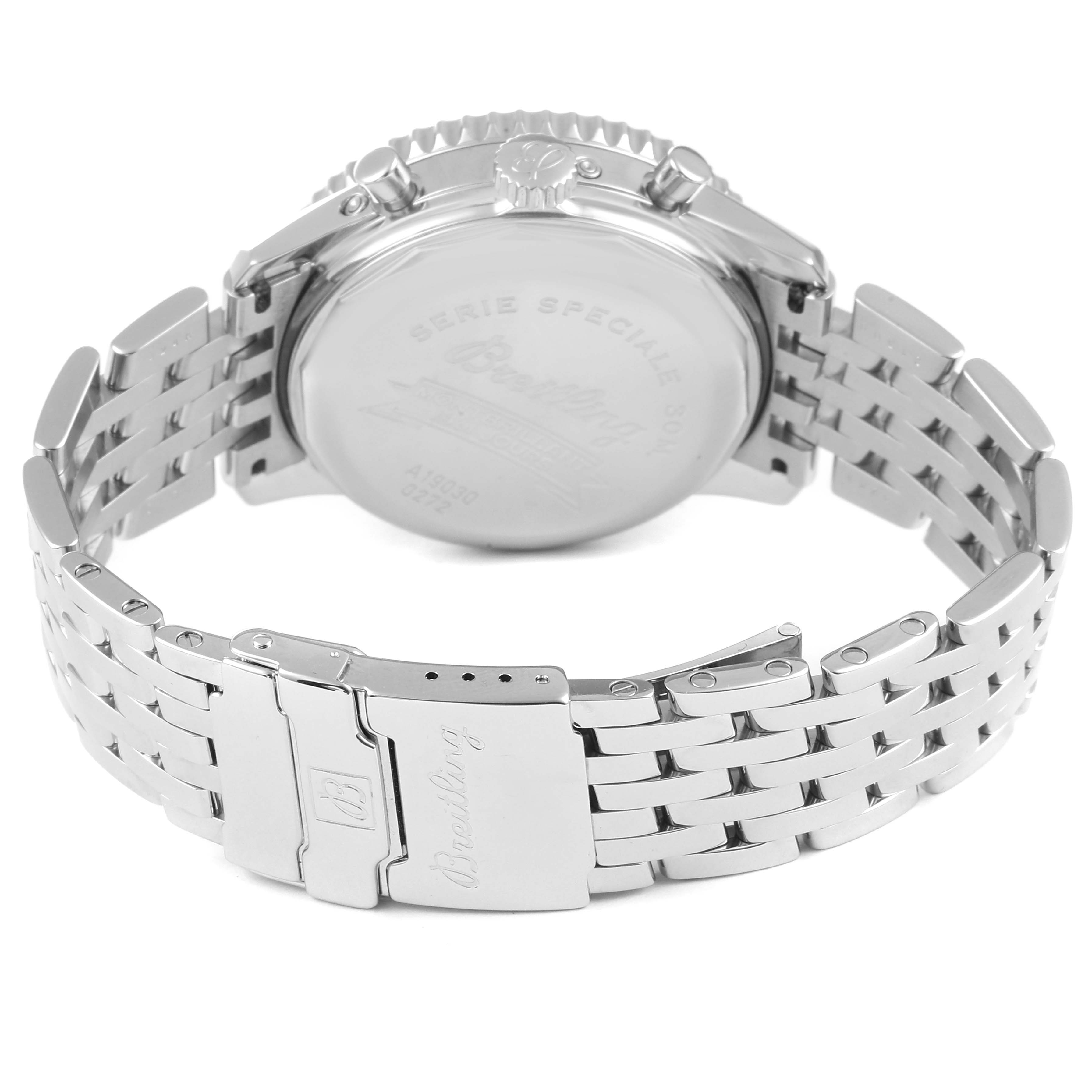 The image shows the back case and clasp of a Breitling Navitimer A19030 Men's Stainless Steel Silver Dial A19030 Men's Stainless Steel Silver Dial watch, highlighting the engraved back and metal bracelet.