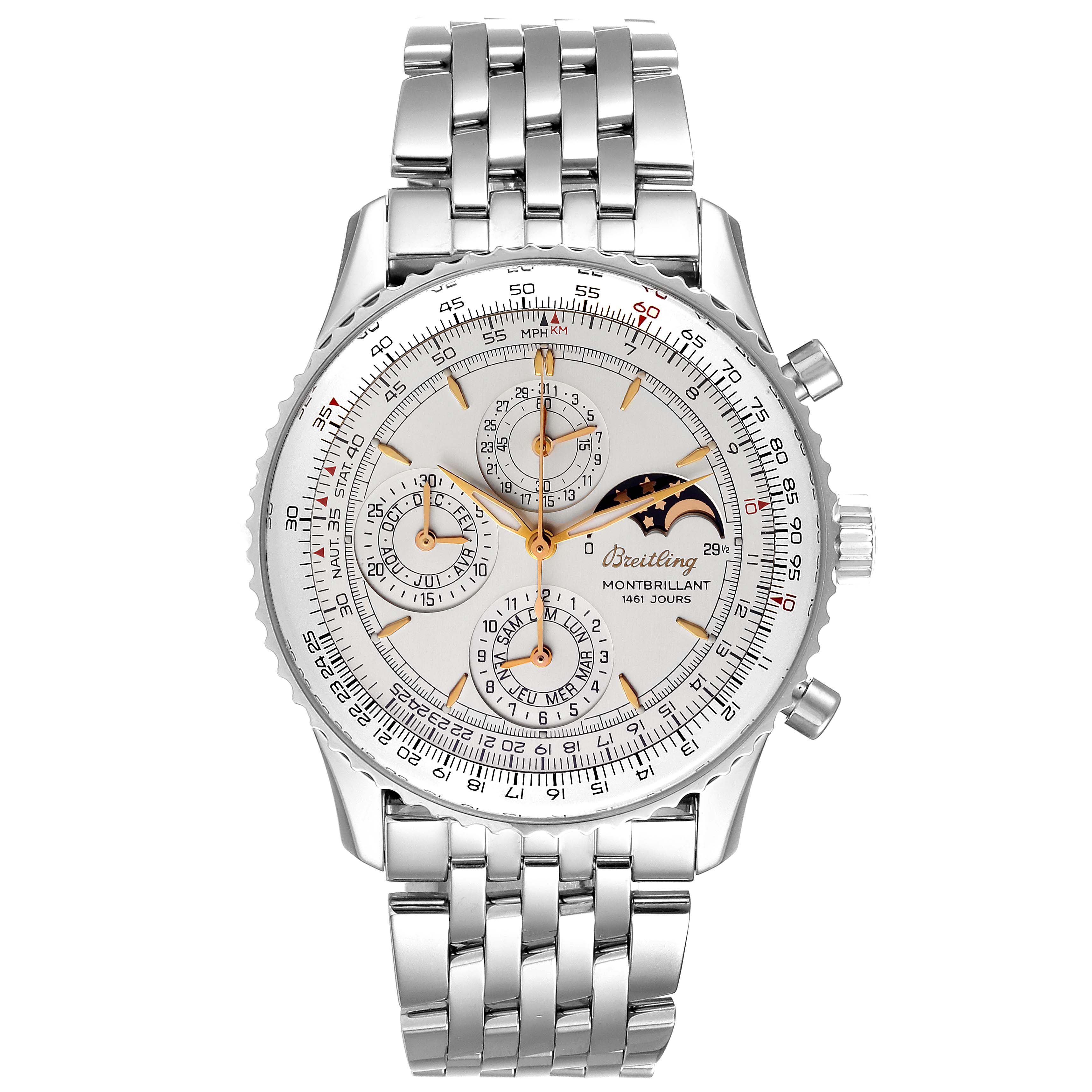 The image shows a front view of the Breitling Navitimer A19030 Men's Stainless Steel Silver Dial A19030 Men's Stainless Steel Silver Dial watch with a detailed dial and stainless steel bracelet.