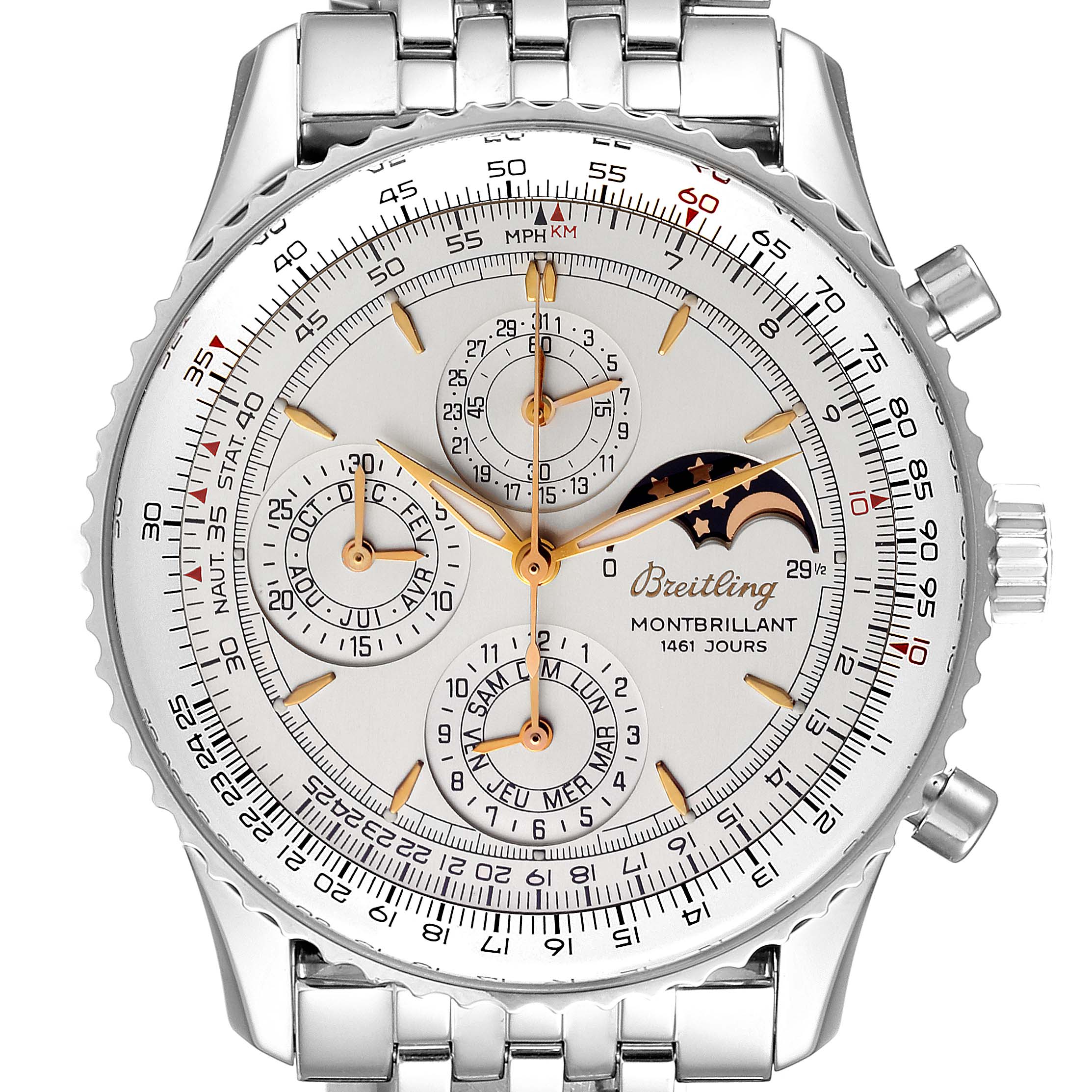The image shows a front view of a Breitling Navitimer A19030 Men's Stainless Steel Silver Dial A19030 Men's Stainless Steel Silver Dial watch, displaying its detailed dial, subdials, and silver bracelet.