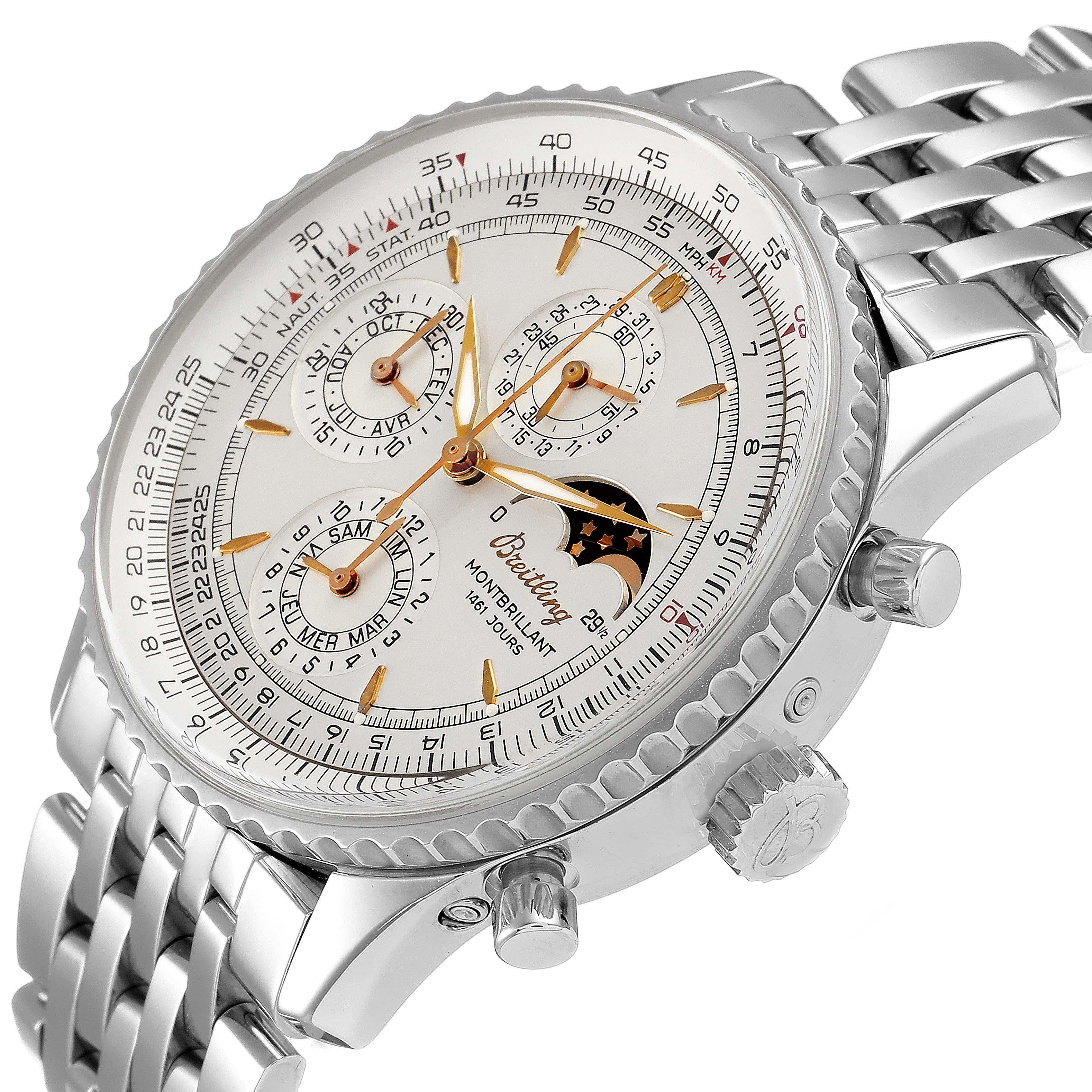 The image shows a close-up angle of a Breitling Navitimer A19030 Men's Stainless Steel Silver Dial A19030 Men's Stainless Steel Silver Dial watch displaying the face, bezel, crown, and bracelet.