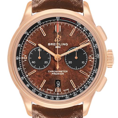 The Breitling Premier RB0118 Men's Rose Gold Brown Dial watch is shown from a front angle, highlighting the dial, subdials, and crown.