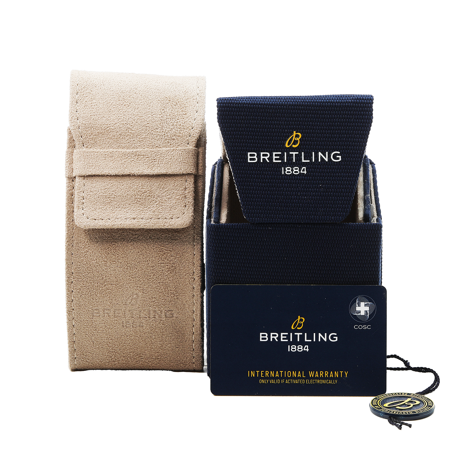 The image shows the packaging and warranty card for a Breitling Premier RB0118 Men's Rose Gold Brown Dial watch, including a beige pouch and a blue box.
