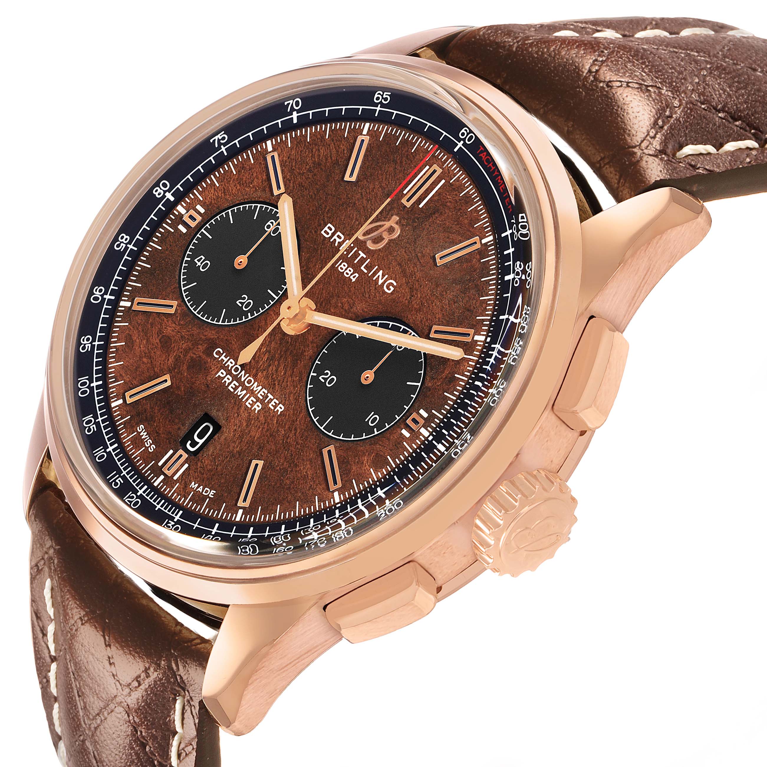 The Breitling Premier RB0118 Men's Rose Gold Brown Dial watch is shown at a slight angle highlighting its dial, subdials, crown, and brown leather strap.