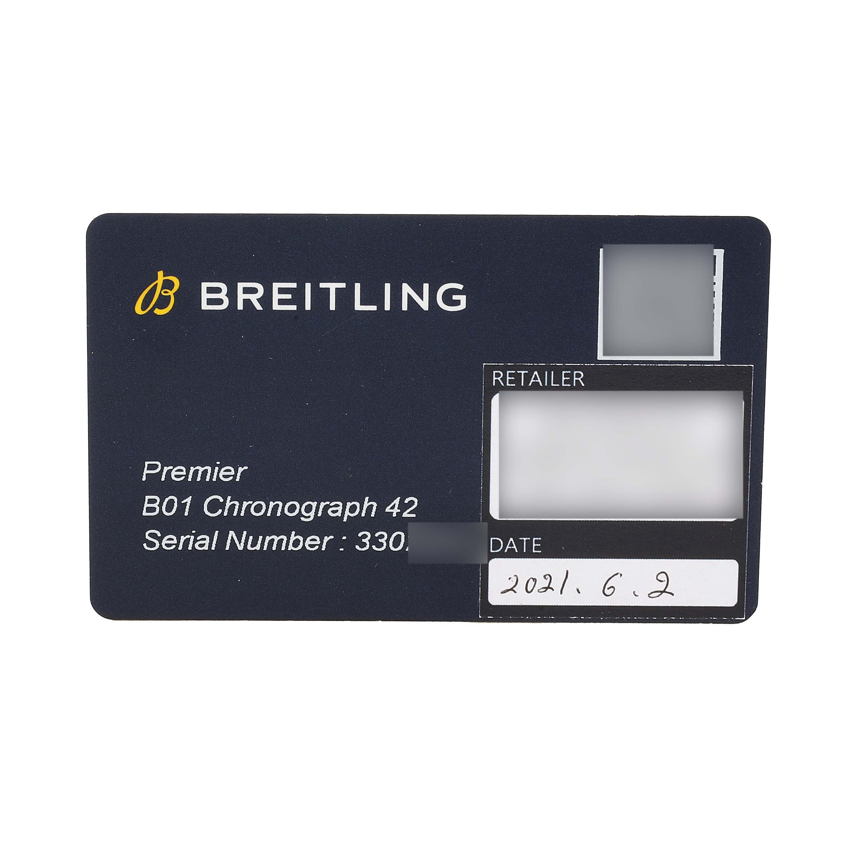 The image shows a warranty card for the Breitling Premier RB0118 Men's Rose Gold Brown Dial B01 Chronograph 42, including serial number and date sections.