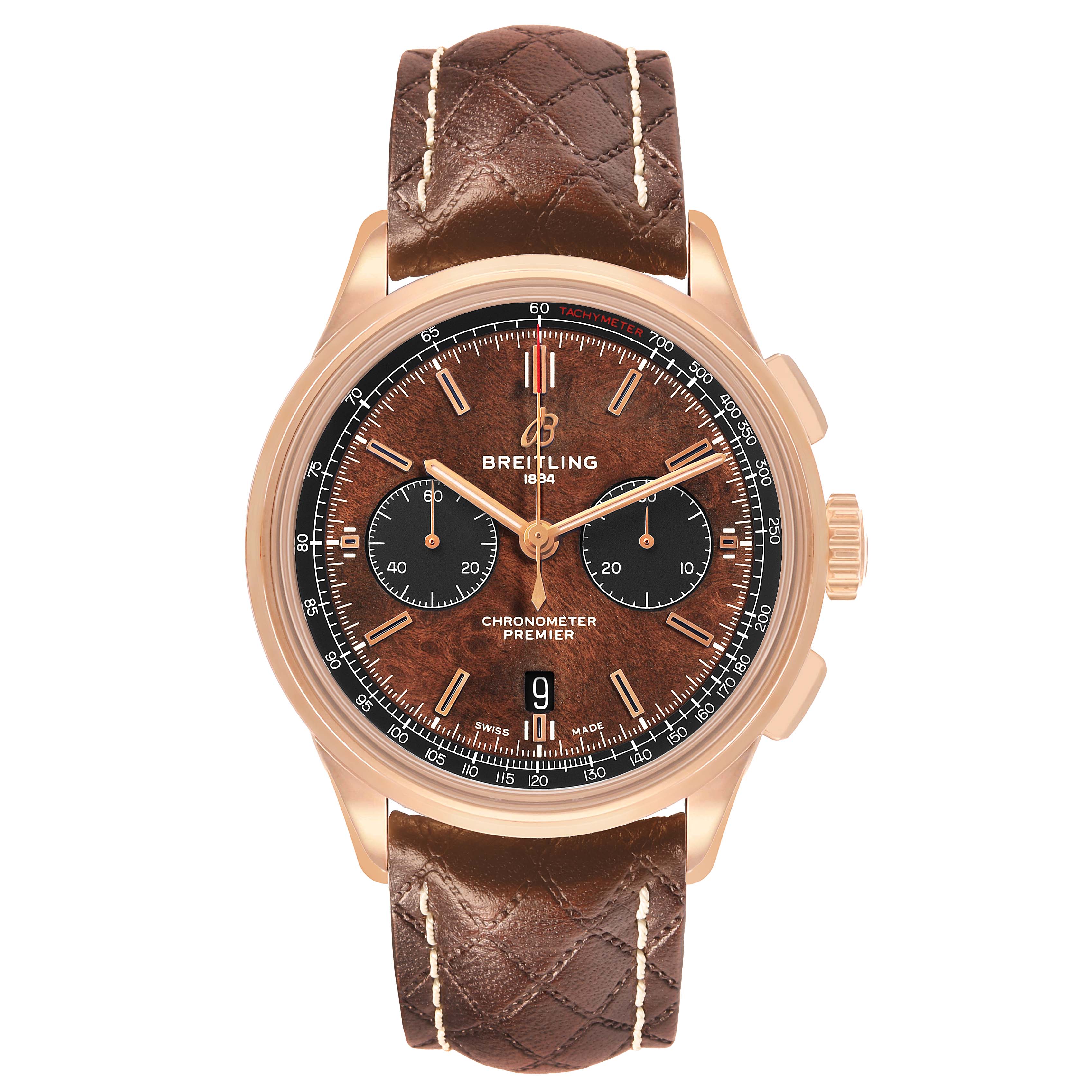 The Breitling Premier RB0118 Men's Rose Gold Brown Dial model watch is shown from the front, highlighting its dial, case, and leather strap.