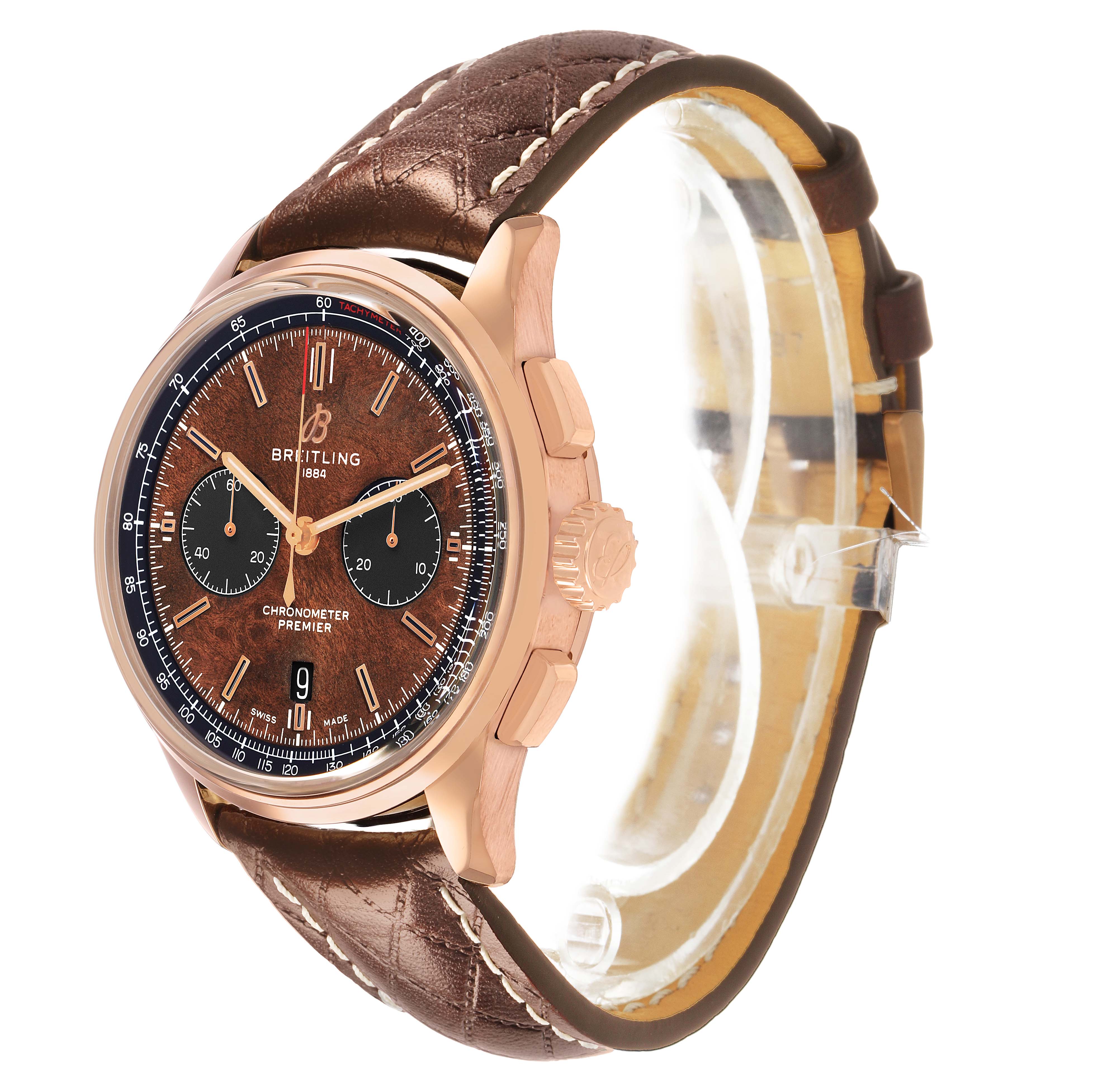 The Breitling Premier RB0118 Men's Rose Gold Brown Dial watch is shown at a slight angle, showcasing the face, crown, and brown leather strap.