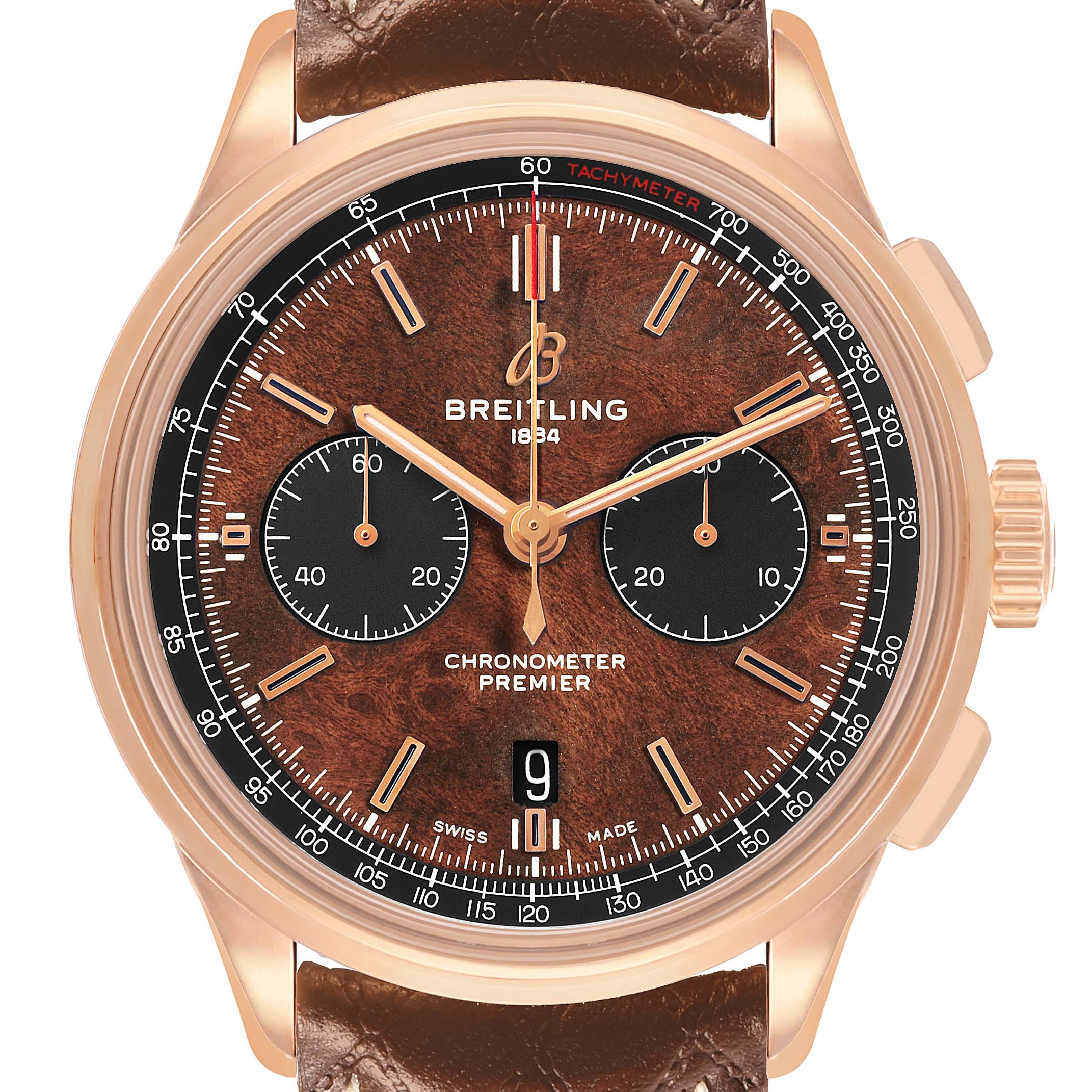 The Breitling Premier RB0118 Men's Rose Gold Brown Dial watch is shown from the front, displaying its dial, subdials, and brown leather strap.