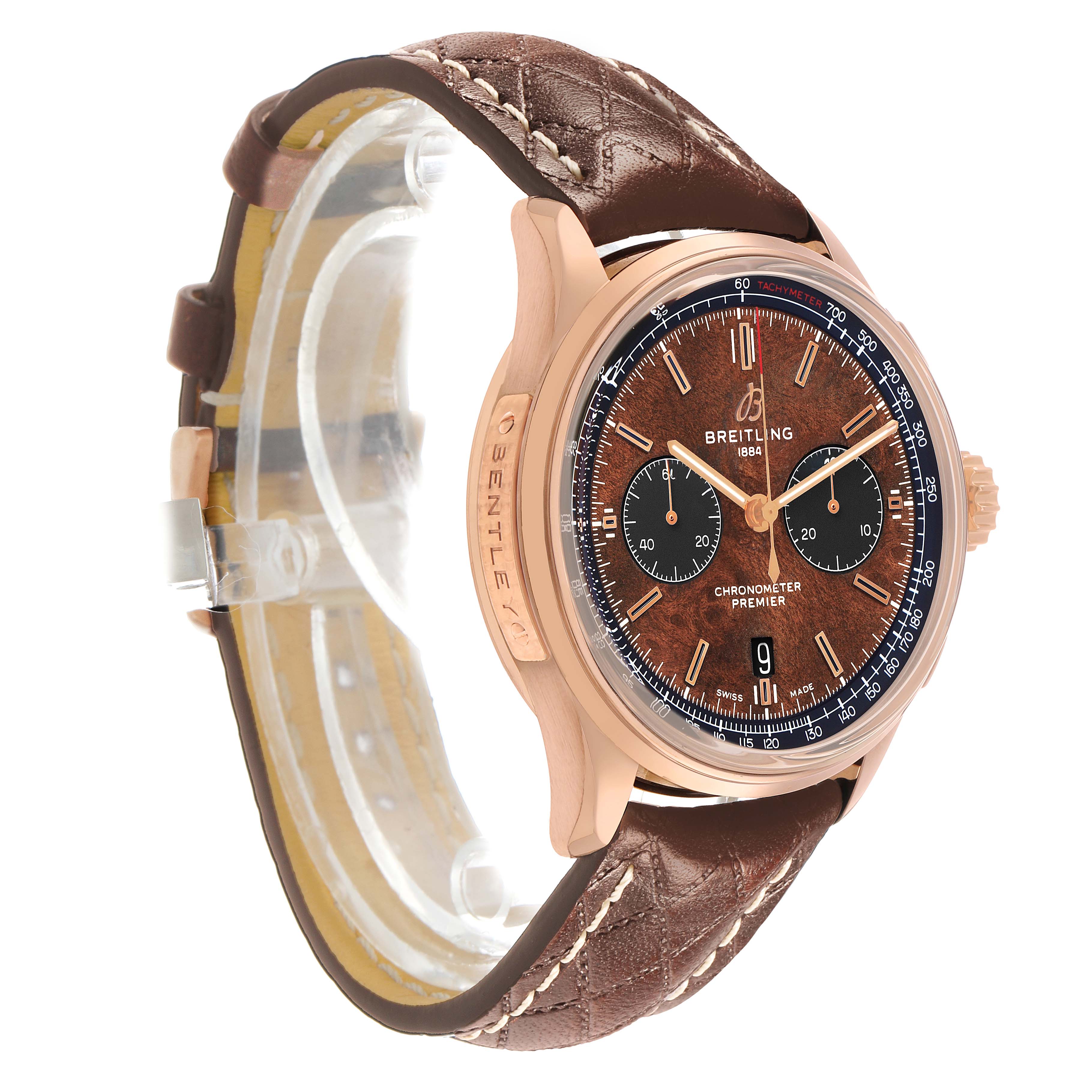 The Breitling Premier RB0118 Men's Rose Gold Brown Dial watch is shown at an angle highlighting its face, side with "Bentley" engraving, and brown leather strap.