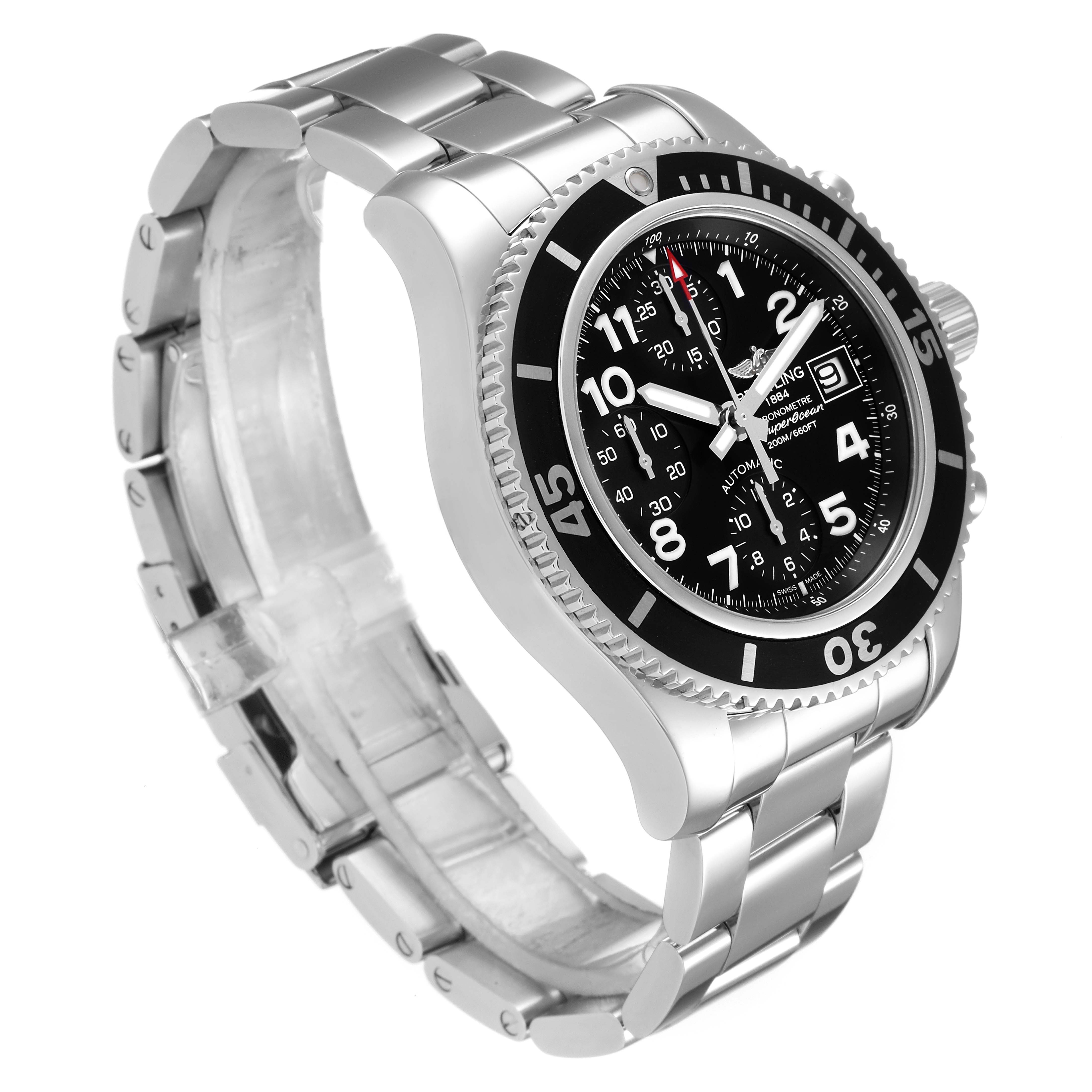 The image shows a side angle of the Breitling Superocean A13311 Men
s Stainless Steel Black Dial A13311 Men
s Stainless Steel Black Dial watch, highlighting its bezel, dial, and metal bracelet.