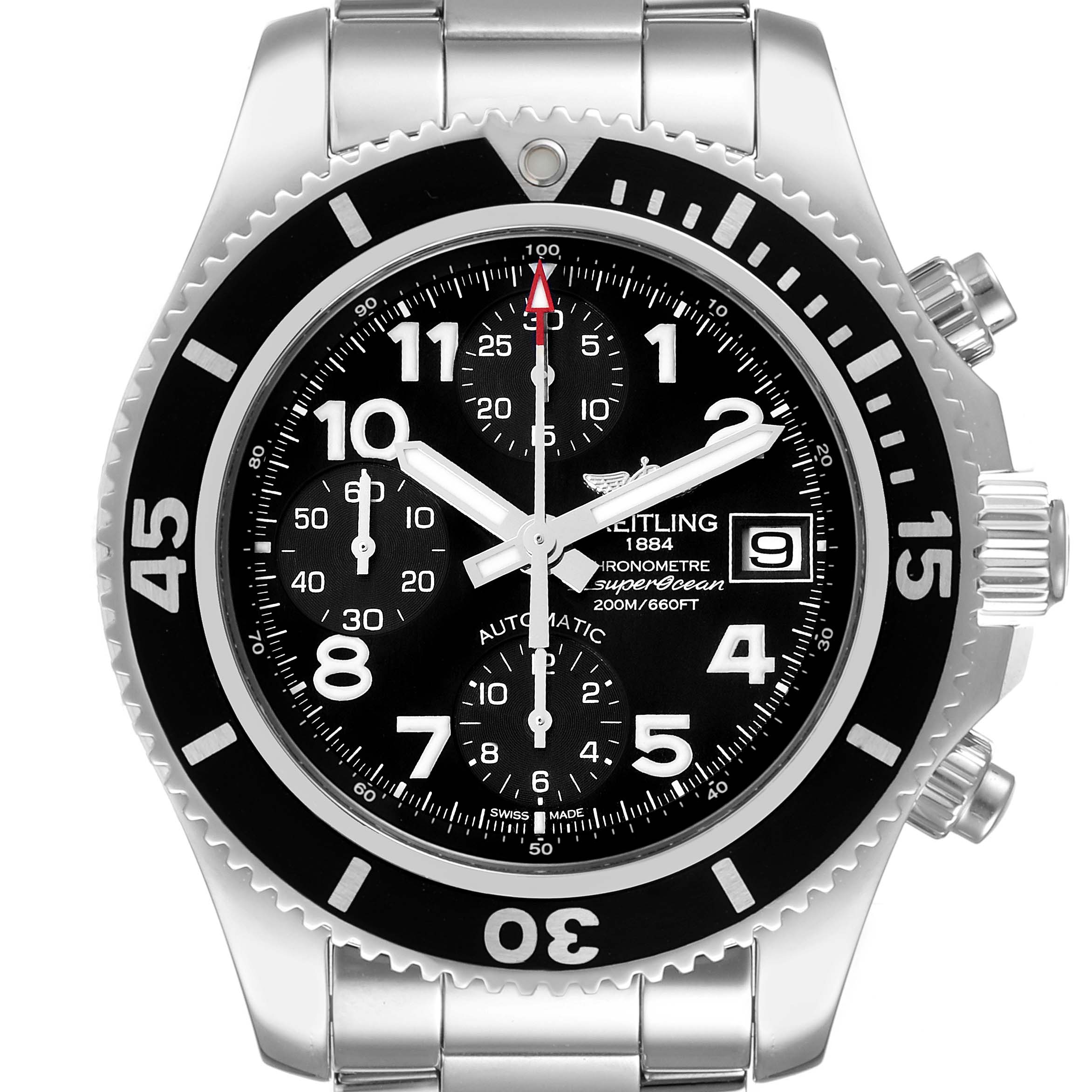 The Breitling Superocean A13311 Men
s Stainless Steel Black Dial A13311 Men
s Stainless Steel Black Dial watch is shown from a front angle, highlighting its dial, bezel, chronograph subdials, and bracelet.