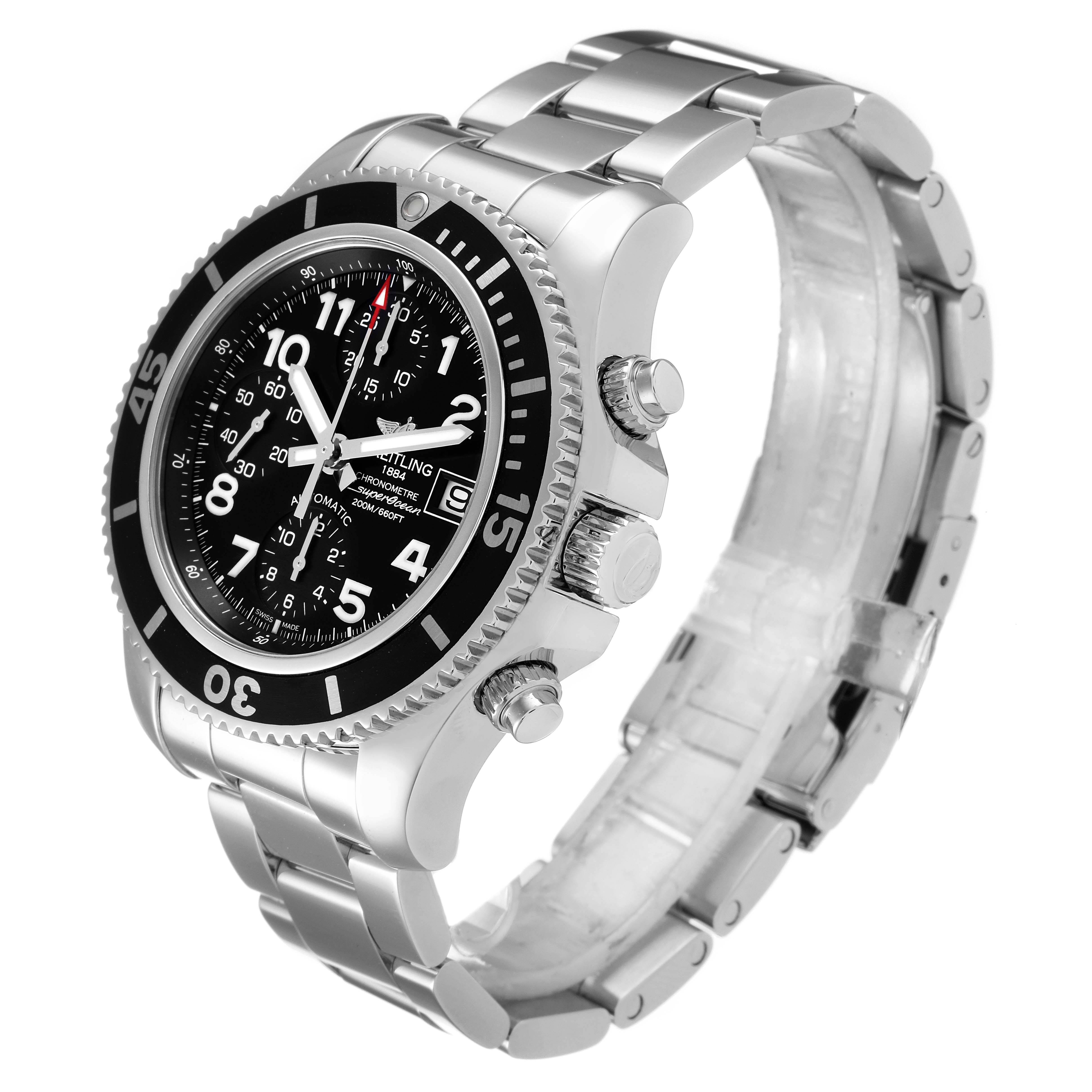 The Breitling Superocean A13311 Men
s Stainless Steel Black Dial A13311 Men
s Stainless Steel Black Dial watch is shown at an oblique angle, highlighting its bezel, crown, pushers, and stainless steel bracelet.