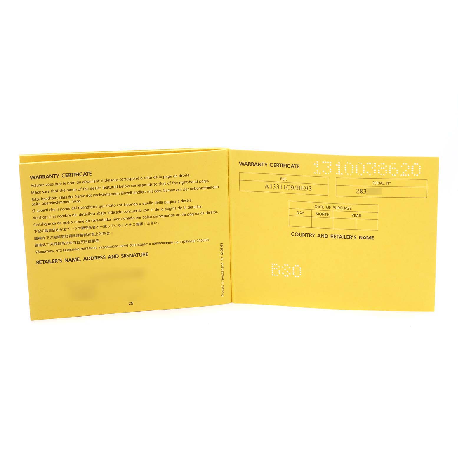 The image shows the open warranty certificate booklet for the Breitling Superocean A13311 Men
s Stainless Steel Black Dial A13311 Men
s Stainless Steel Black Dial model watch, displaying instructions and reference details.