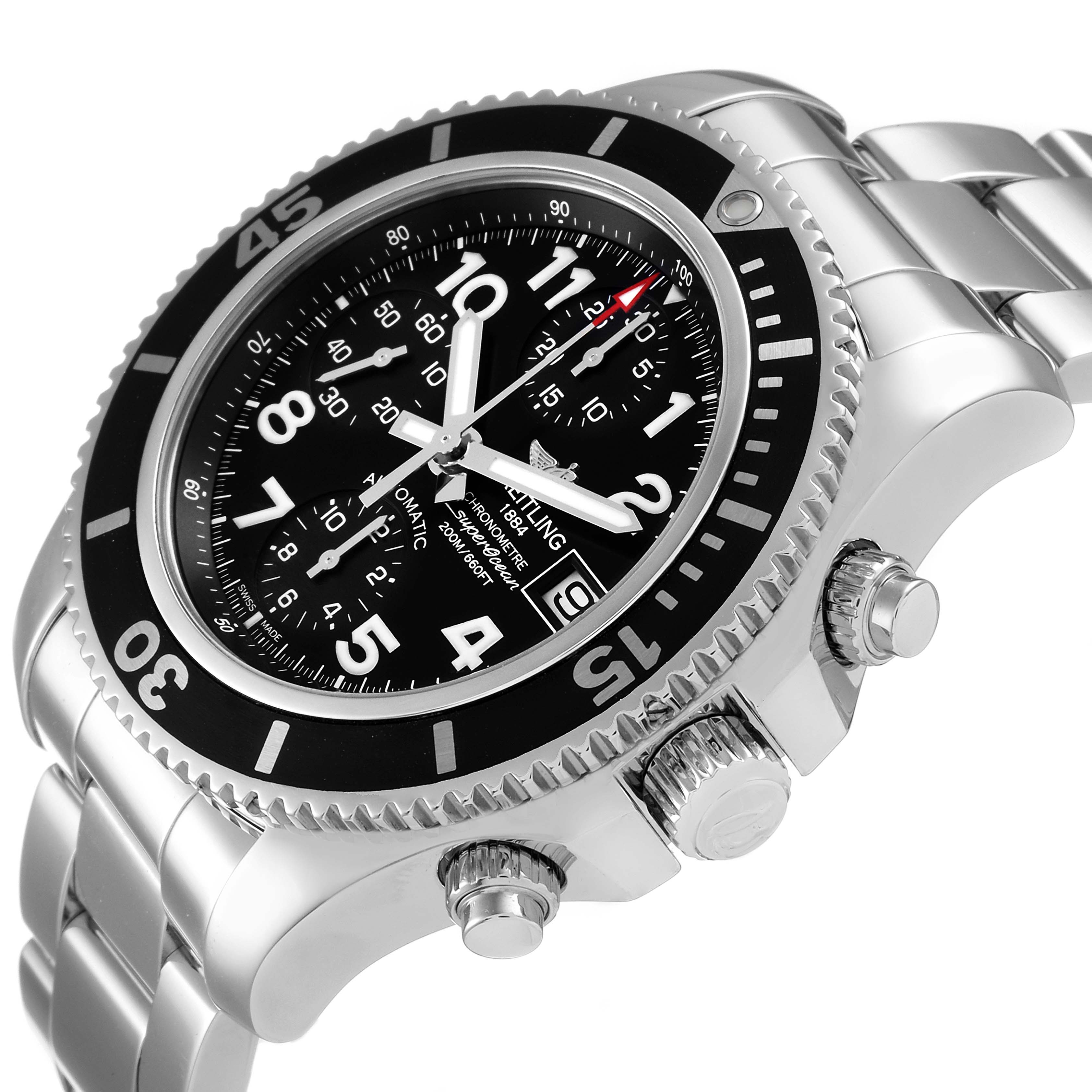 The image shows a close-up, side angle of the Breitling Superocean A13311 Men
s Stainless Steel Black Dial A13311 Men
s Stainless Steel Black Dial watch, highlighting its bezel, crown, buttons, and bracelet.