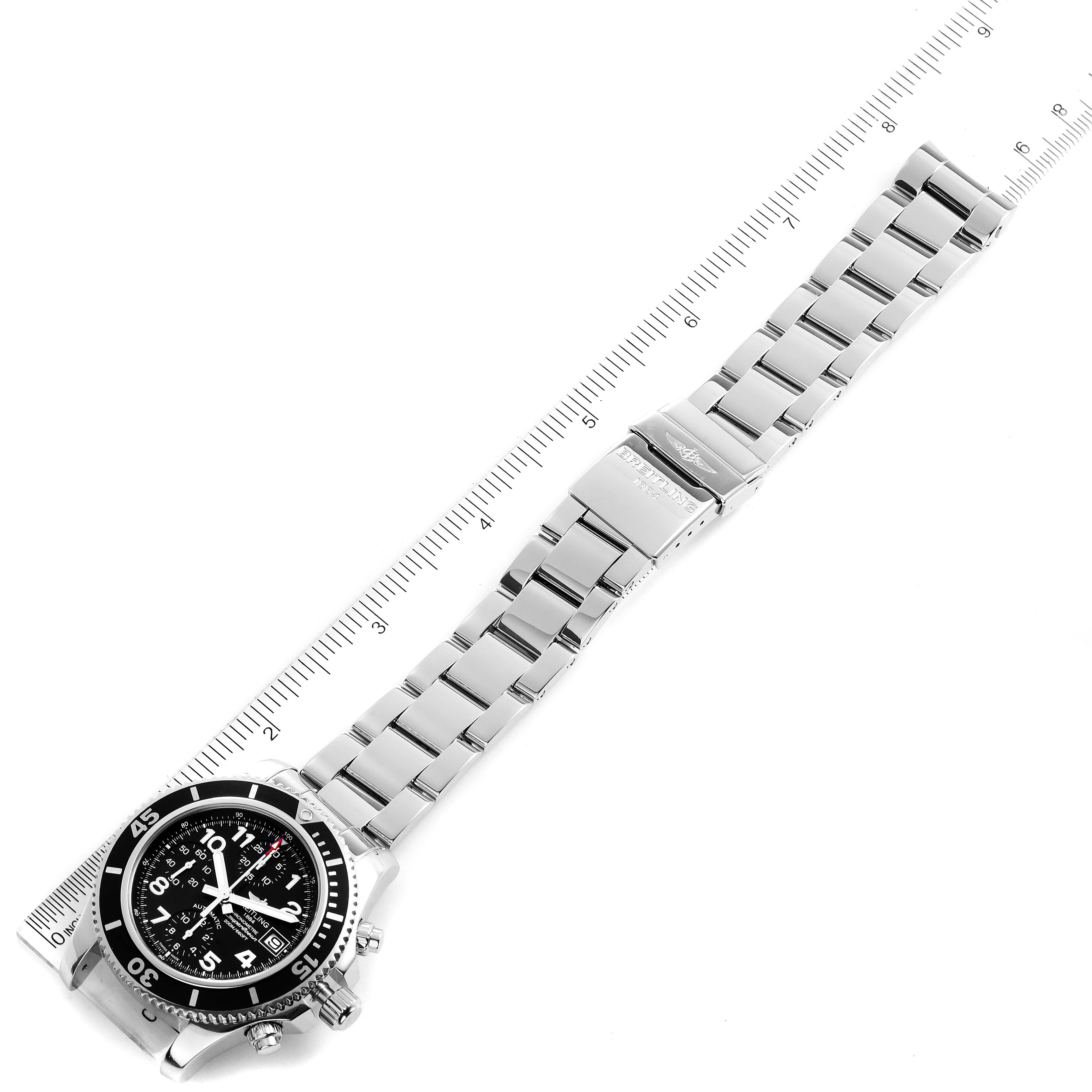 The image shows a Breitling Superocean A13311 Men
s Stainless Steel Black Dial A13311 Men
s Stainless Steel Black Dial watch at a diagonal angle, highlighting the entire watch and stainless steel bracelet.