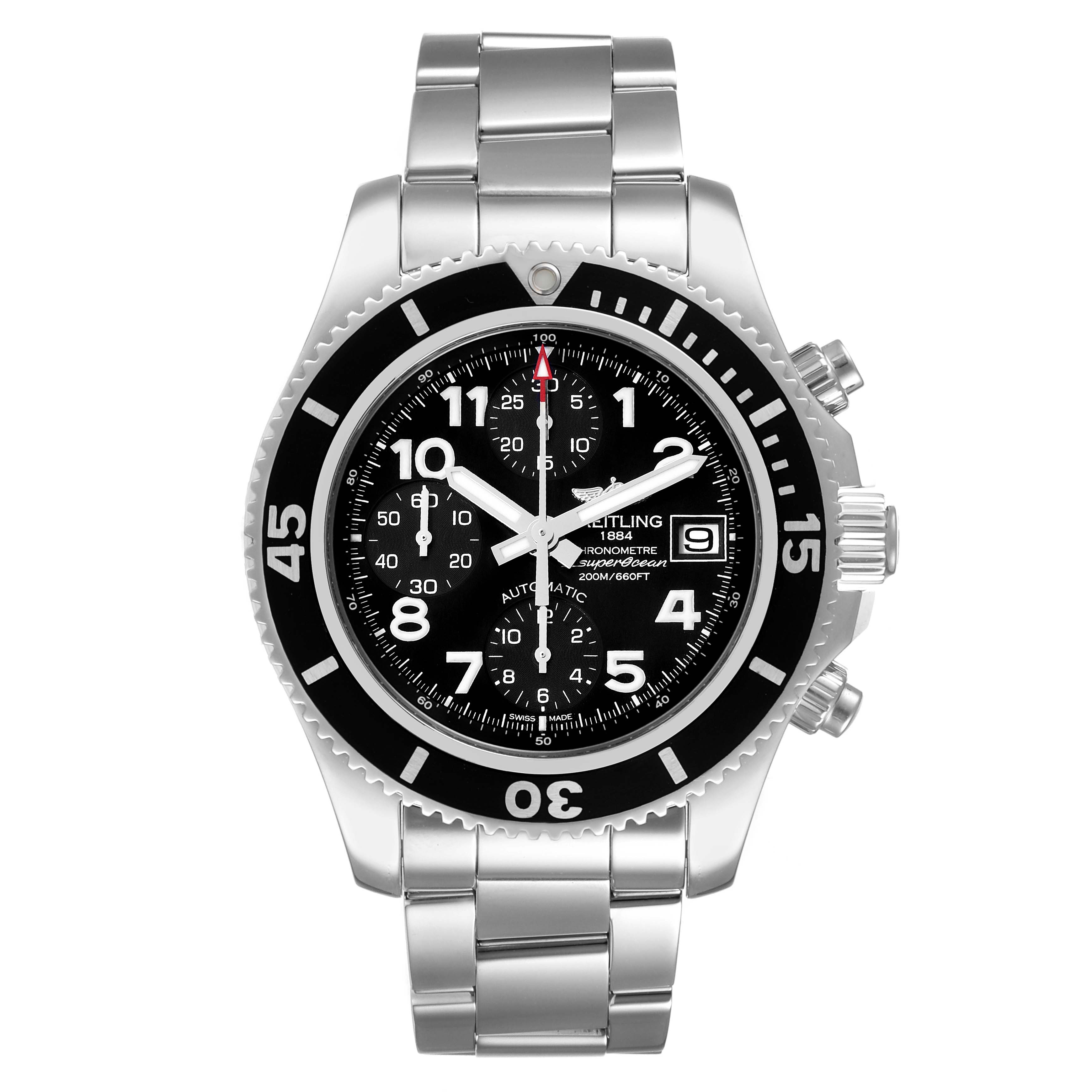 This image shows a front view of a Breitling Superocean A13311 Men
s Stainless Steel Black Dial A13311 Men
s Stainless Steel Black Dial watch, featuring its face, bezel, and metal bracelet.