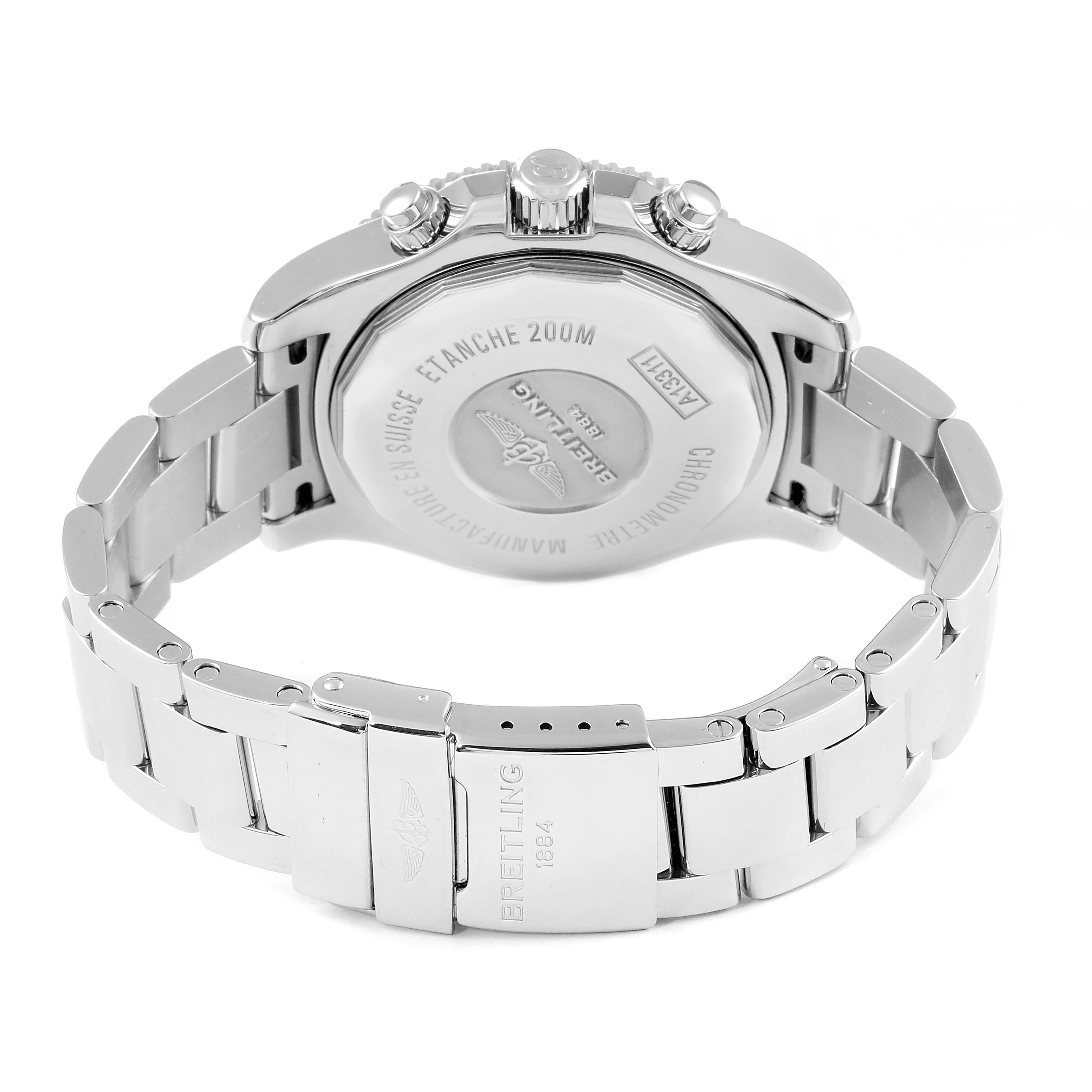 This image shows the back and clasp of a Breitling Superocean A13311 Men
s Stainless Steel Black Dial A13311 Men
s Stainless Steel Black Dial watch with details on the case back.