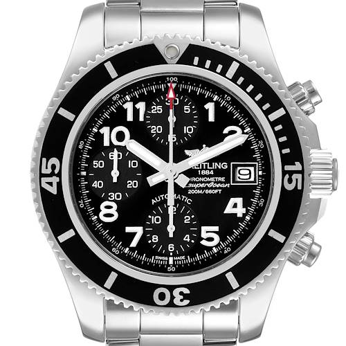 The Breitling Superocean watch is shown from the front, displaying its dial, bezel, and bracelet.