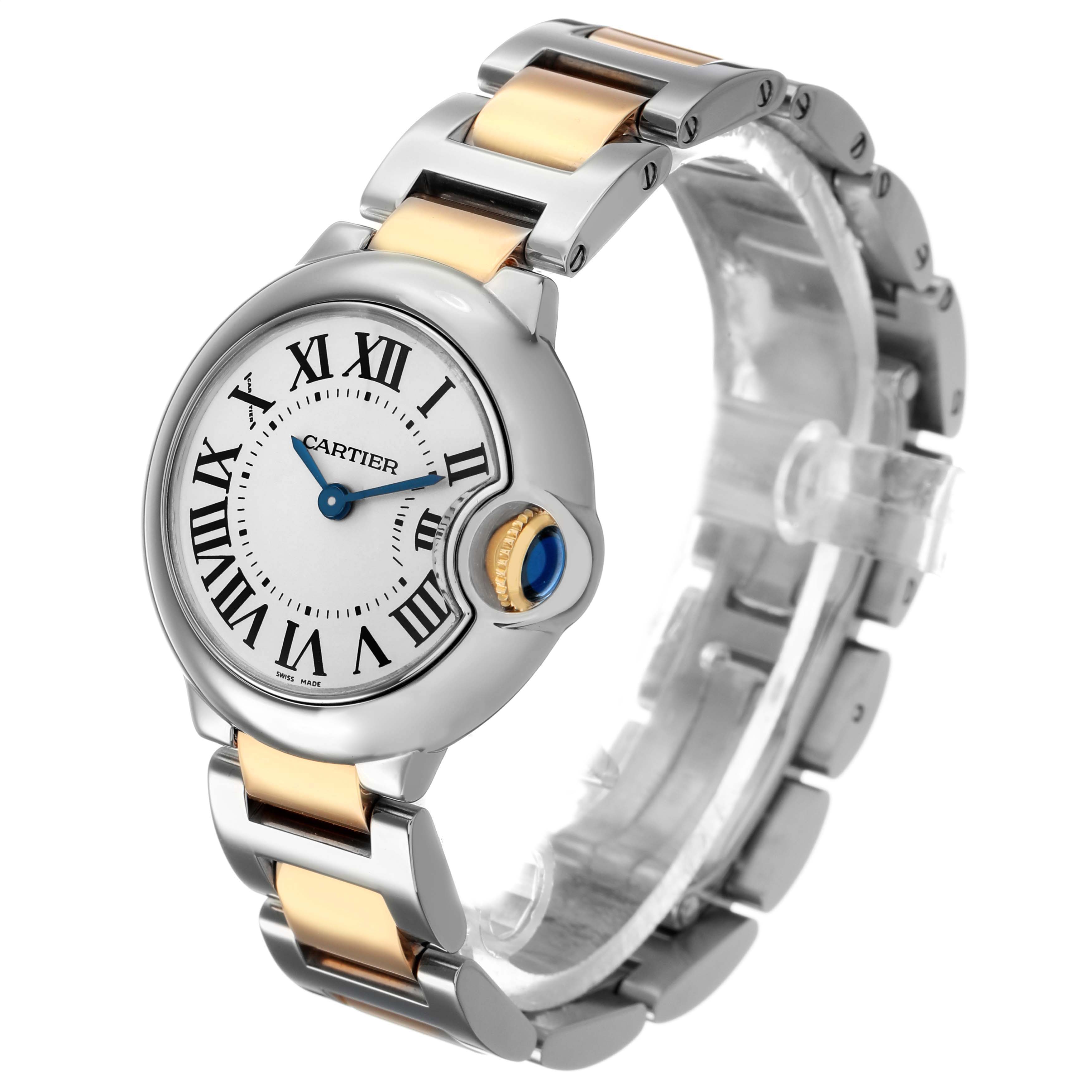 The Cartier Ballon Bleu W69007Z3 Women's Stainless Steel Silver Dial watch is shown at a slight angle, highlighting its round face, Roman numerals, and two-tone metal bracelet.