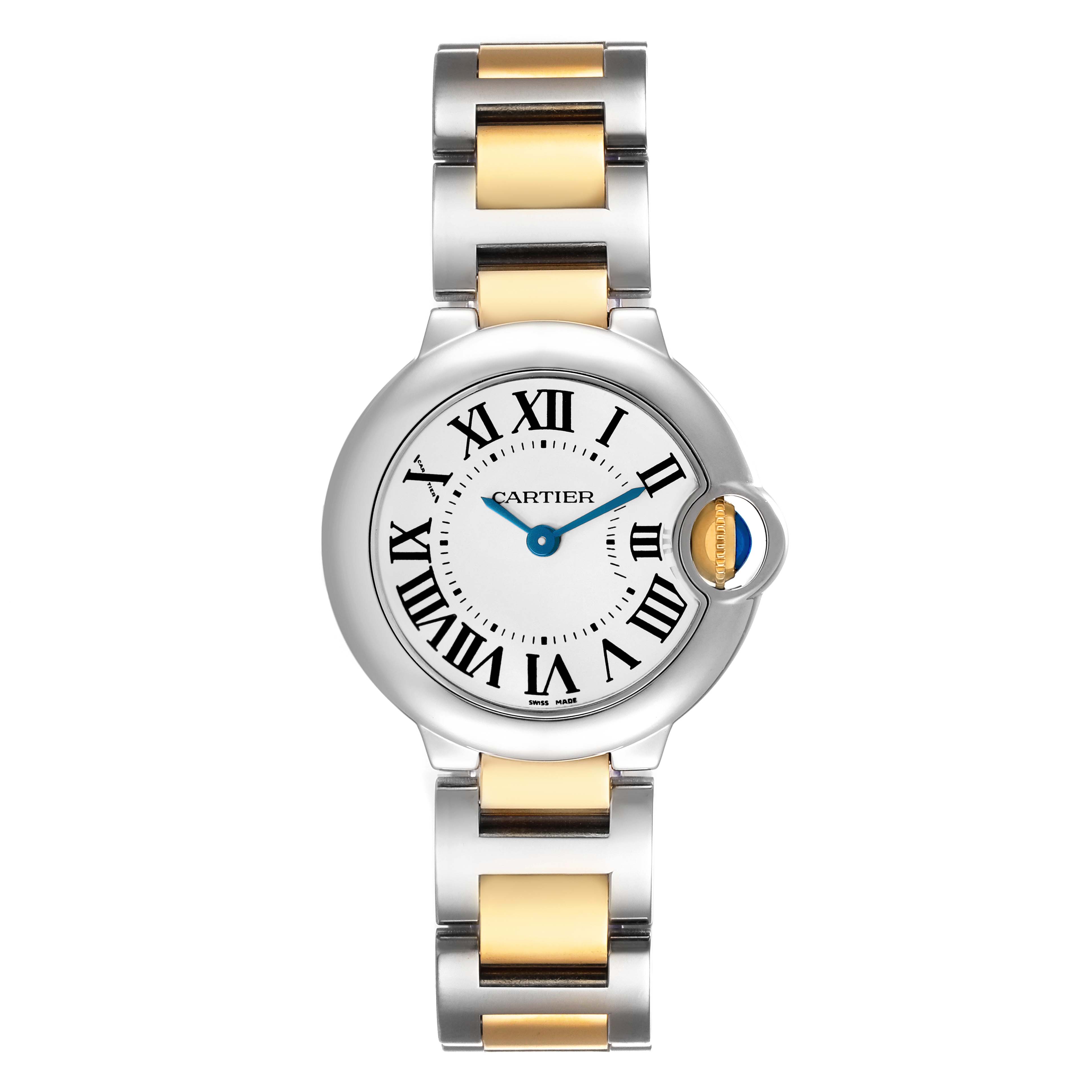 The Cartier Ballon Bleu W69007Z3 Women's Stainless Steel Silver Dial watch is shown from a front angle, displaying its face, Roman numerals, and two-tone metal bracelet.