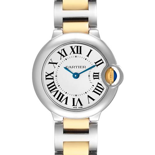 The image shows a front view of the Cartier Ballon Bleu W69007Z3 Women's Stainless Steel Silver Dial watch, highlighting its round case, Roman numerals, and blue hands.