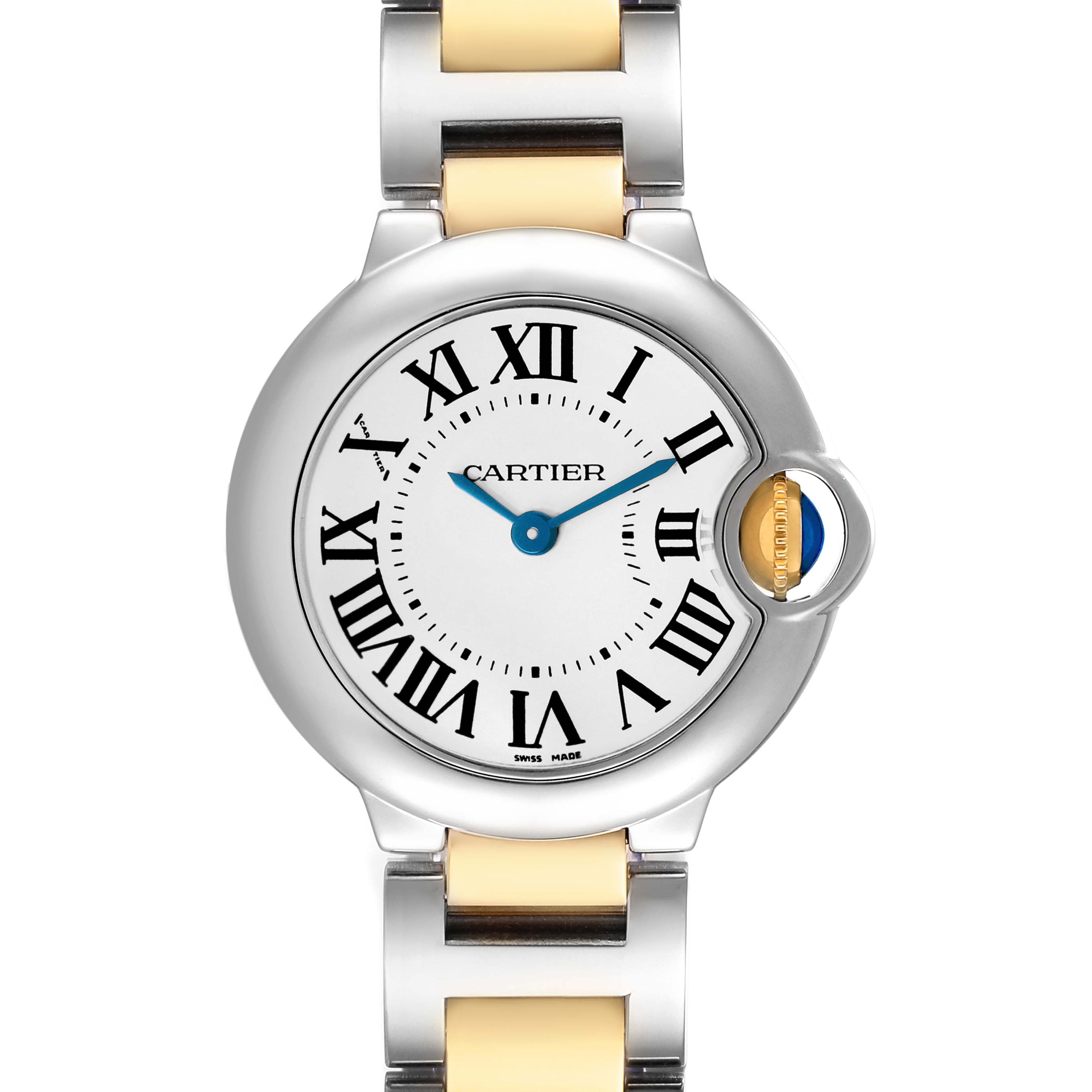The Cartier Ballon Bleu W69007Z3 Women's Stainless Steel Silver Dial watch is shown from the front, highlighting the face, Roman numerals, and distinctive crown.