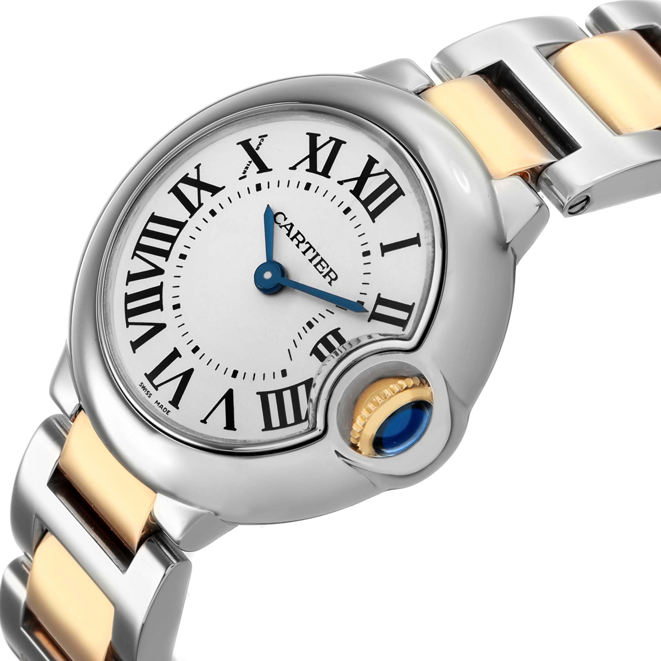 The Cartier Ballon Bleu W69007Z3 Women's Stainless Steel Silver Dial watch is shown at an angle highlighting its face, crown, and part of the two-tone bracelet.