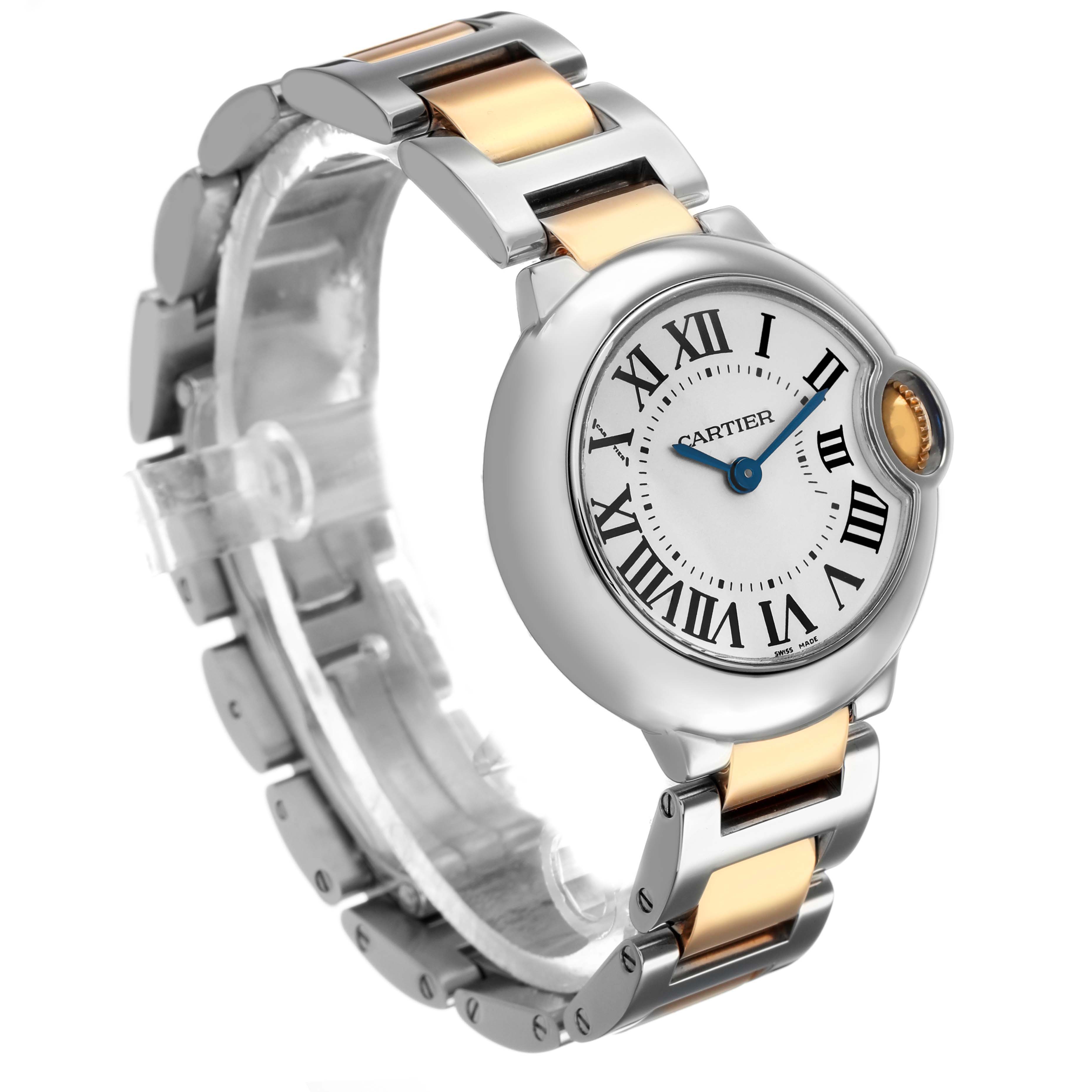 The Cartier Ballon Bleu W69007Z3 Women's Stainless Steel Silver Dial watch is shown at a three-quarter angle, highlighting its round case, bracelet, and Roman numeral dial.