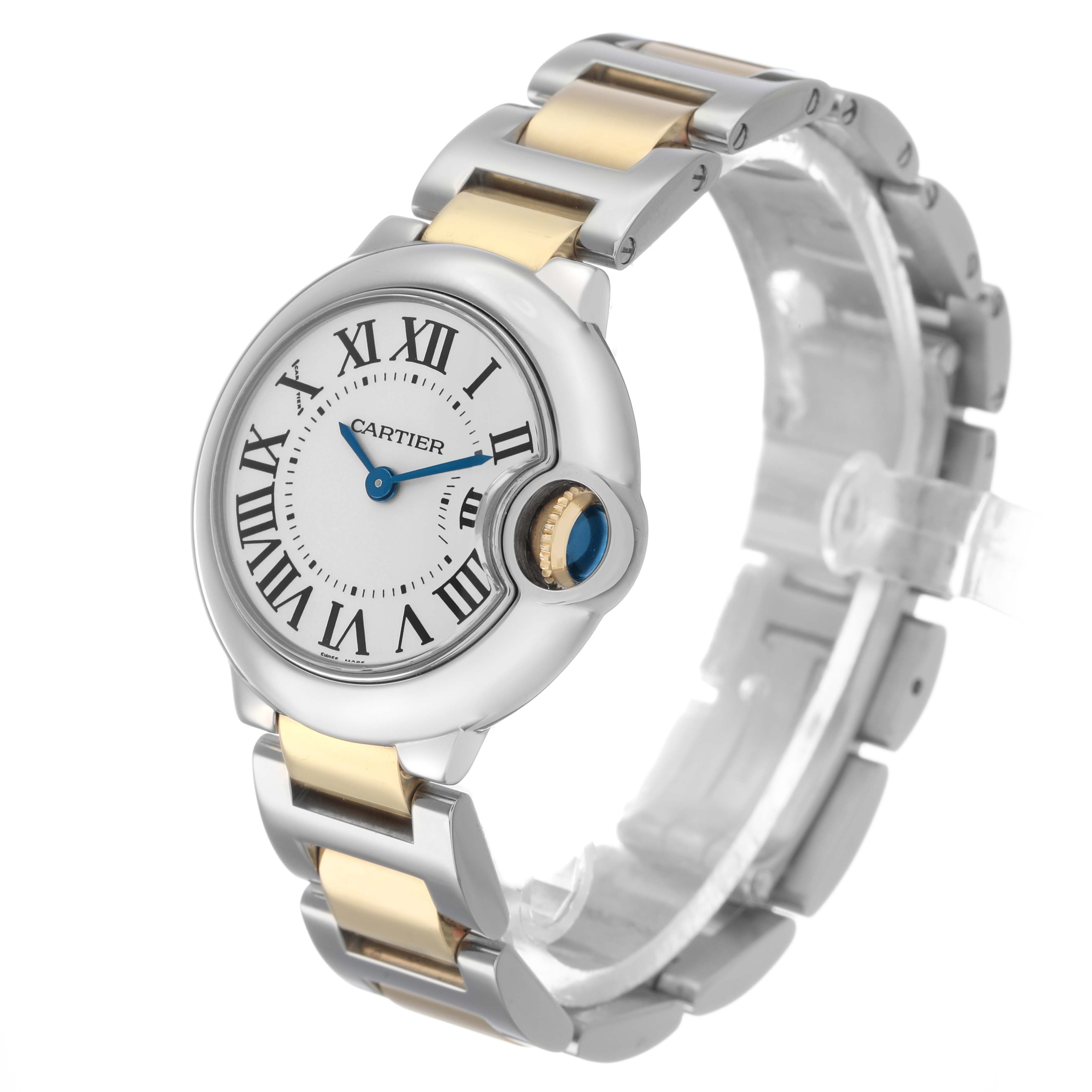 The Cartier Ballon Bleu W69007Z3 Women's Steel and Gold (two tone) Silver Dial watch is shown at a three-quarter angle, highlighting the dial, Roman numerals, and two-tone bracelet.