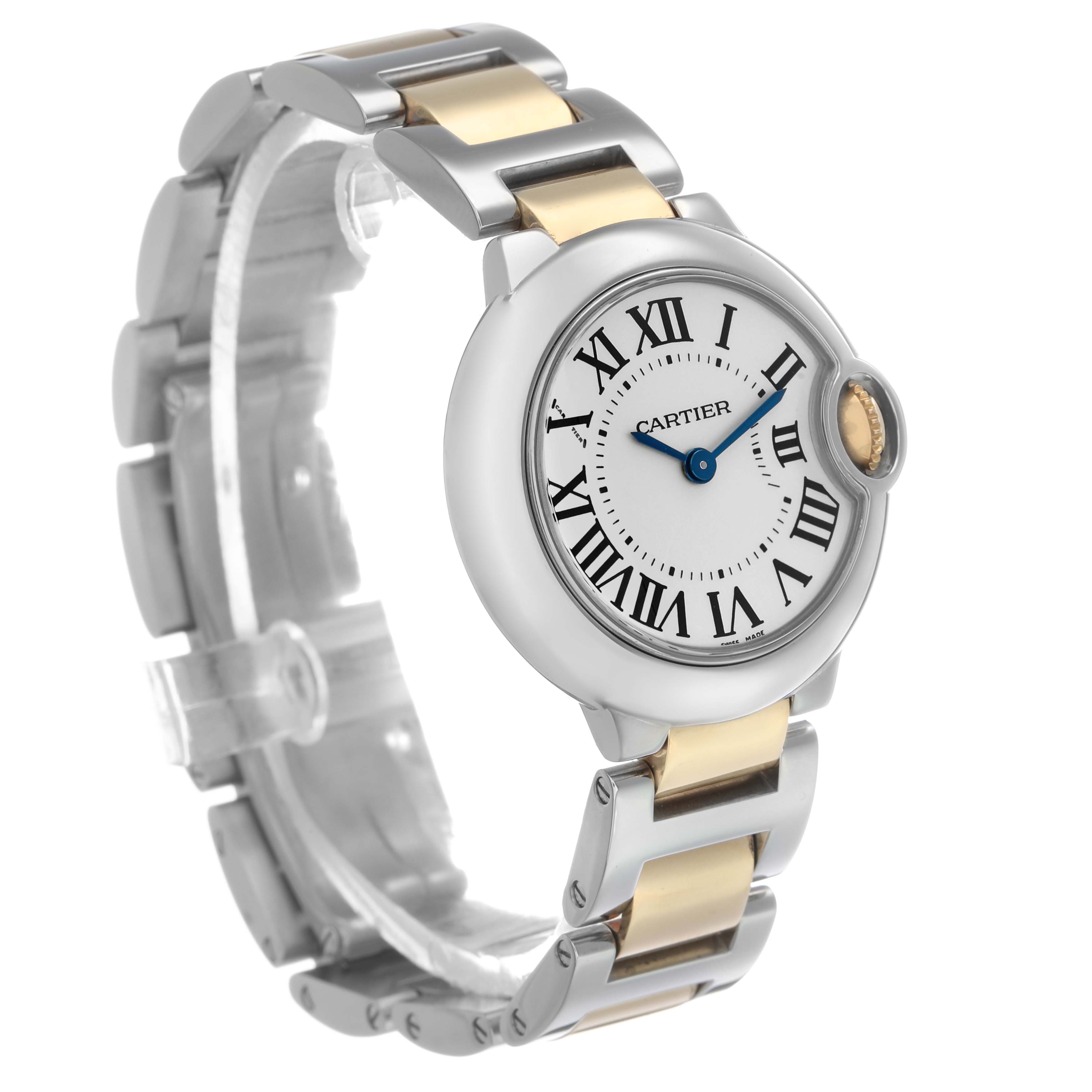 The Cartier Ballon Bleu W69007Z3 Women's Steel and Gold (two tone) Silver Dial watch is shown at a slight angle, displaying its face, crown, and two-tone bracelet.