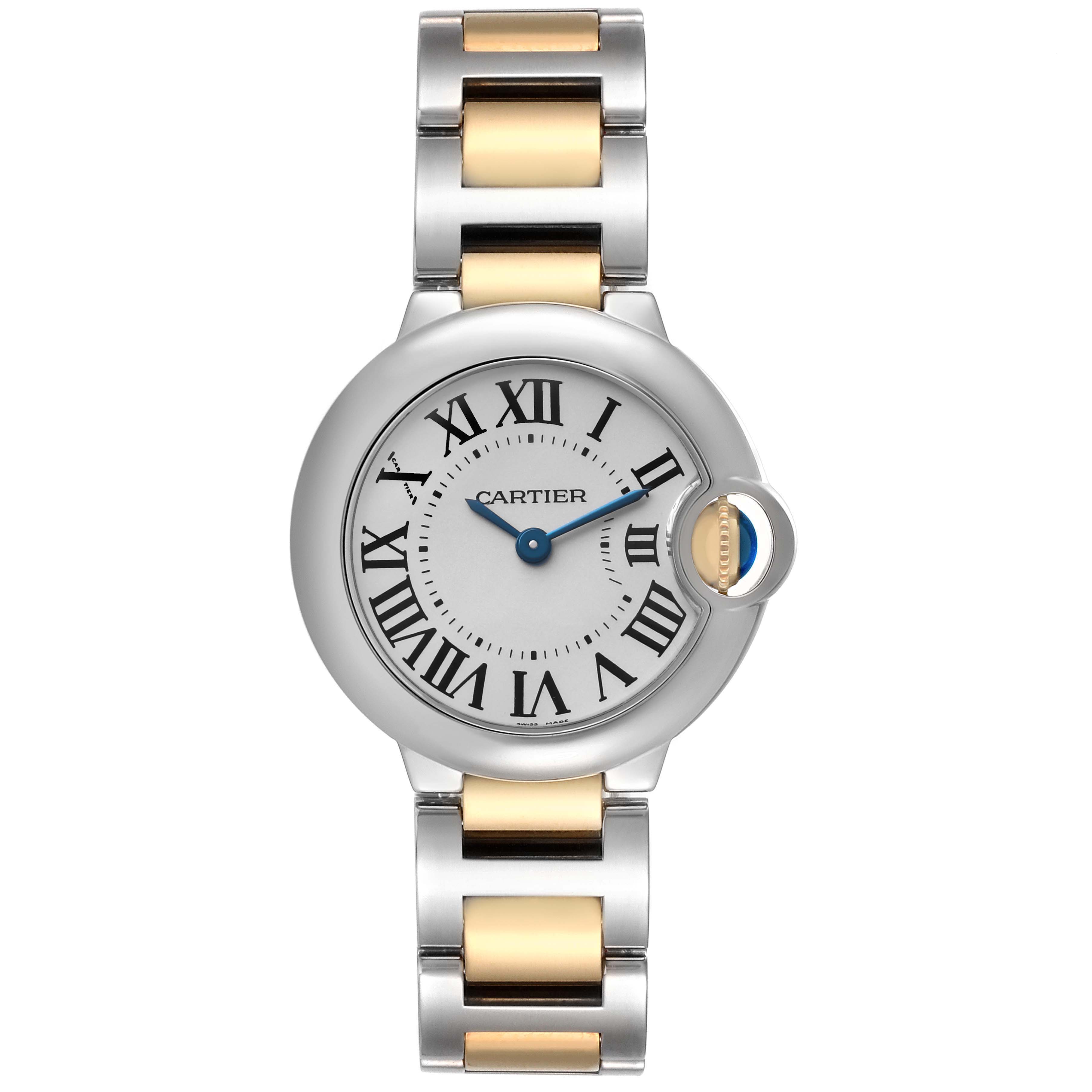 The Cartier Ballon Bleu W69007Z3 Women's Steel and Gold (two tone) Silver Dial watch is shown front-facing, highlighting the dial and two-toned bracelet.