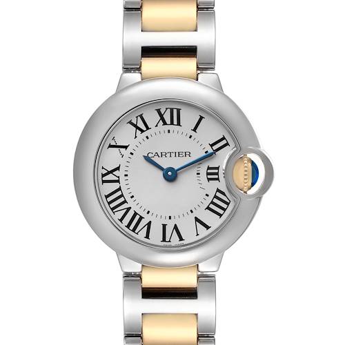 The Cartier Ballon Bleu W69007Z3 Women's Steel and Gold (two tone) Silver Dial watch is shown from the front, highlighting its round dial and two-tone bracelet.