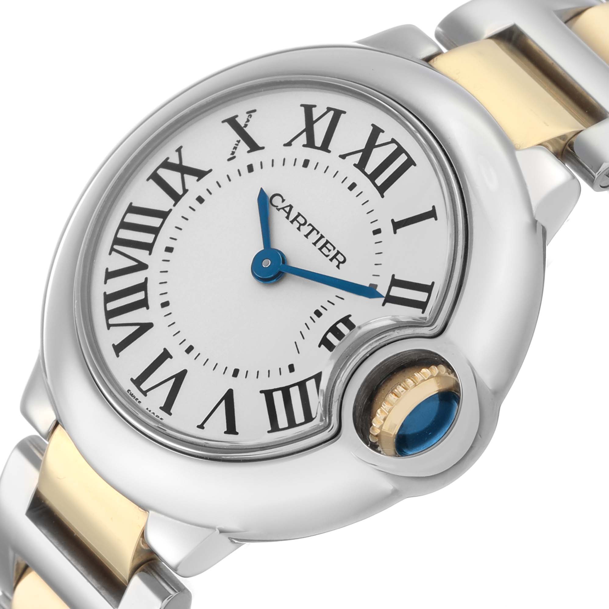 The Ballon Bleu by Cartier is shown at a slight angle, featuring the dial, crown, and part of the bracelet.
