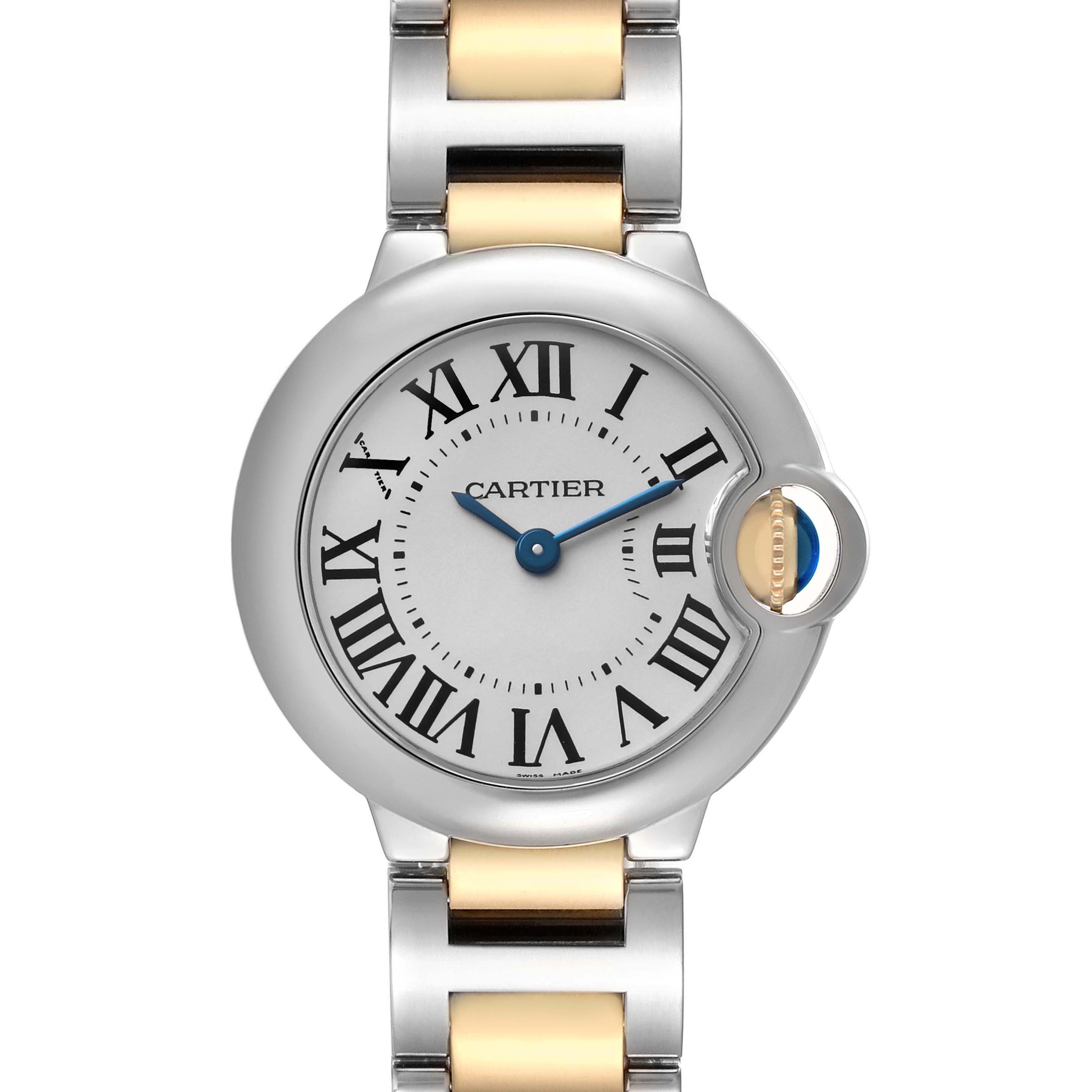 The image shows a front view of a Cartier Ballon Bleu W69007Z3 Women's Steel and Gold (two tone) Silver Dial watch, highlighting its Roman numeral dial and bi-metal bracelet.