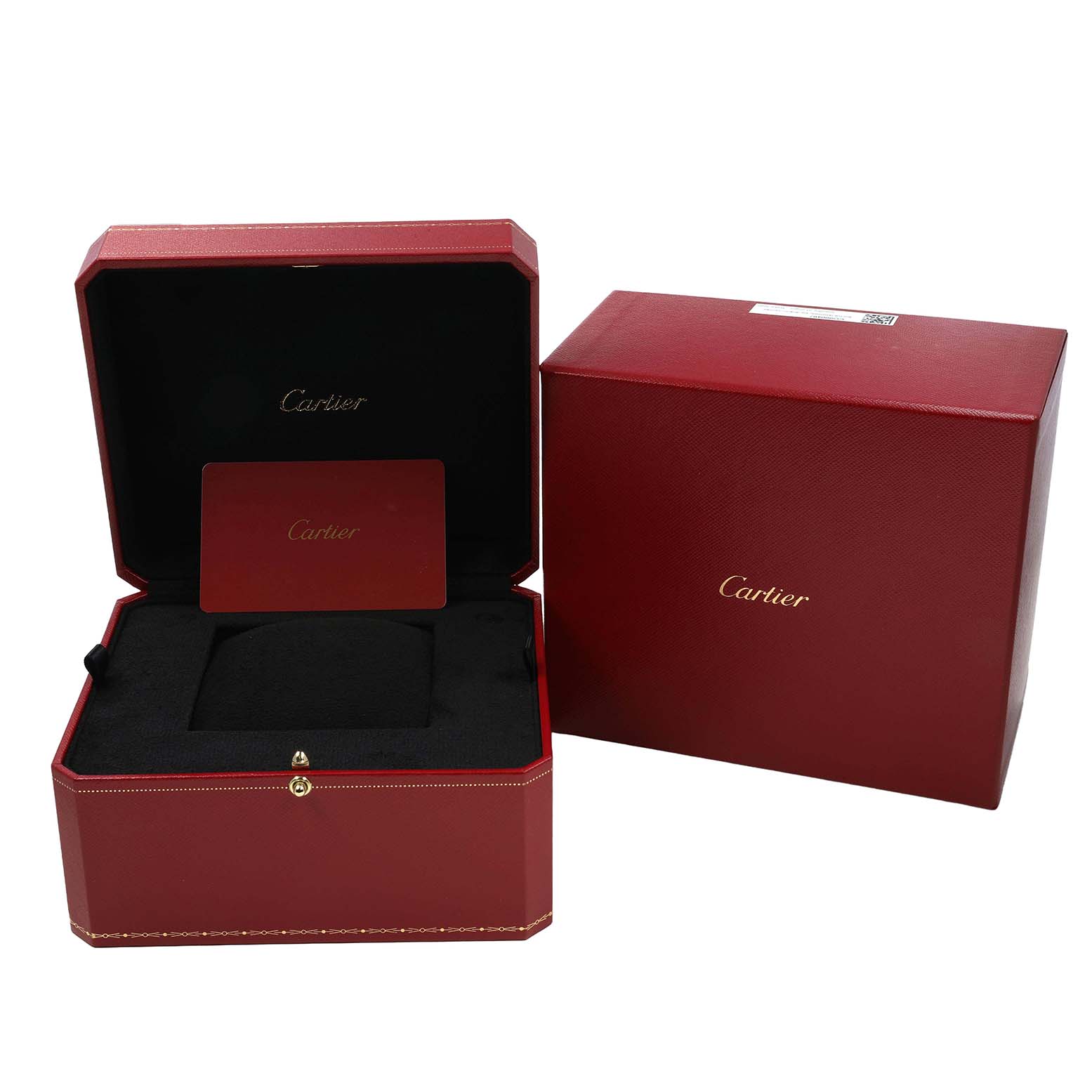 The image shows an open and closed Cartier Ballon Bleu WE902077 Women's Steel and Gold (two tone) Silver Dial watch box, displaying the interior and exterior packaging.