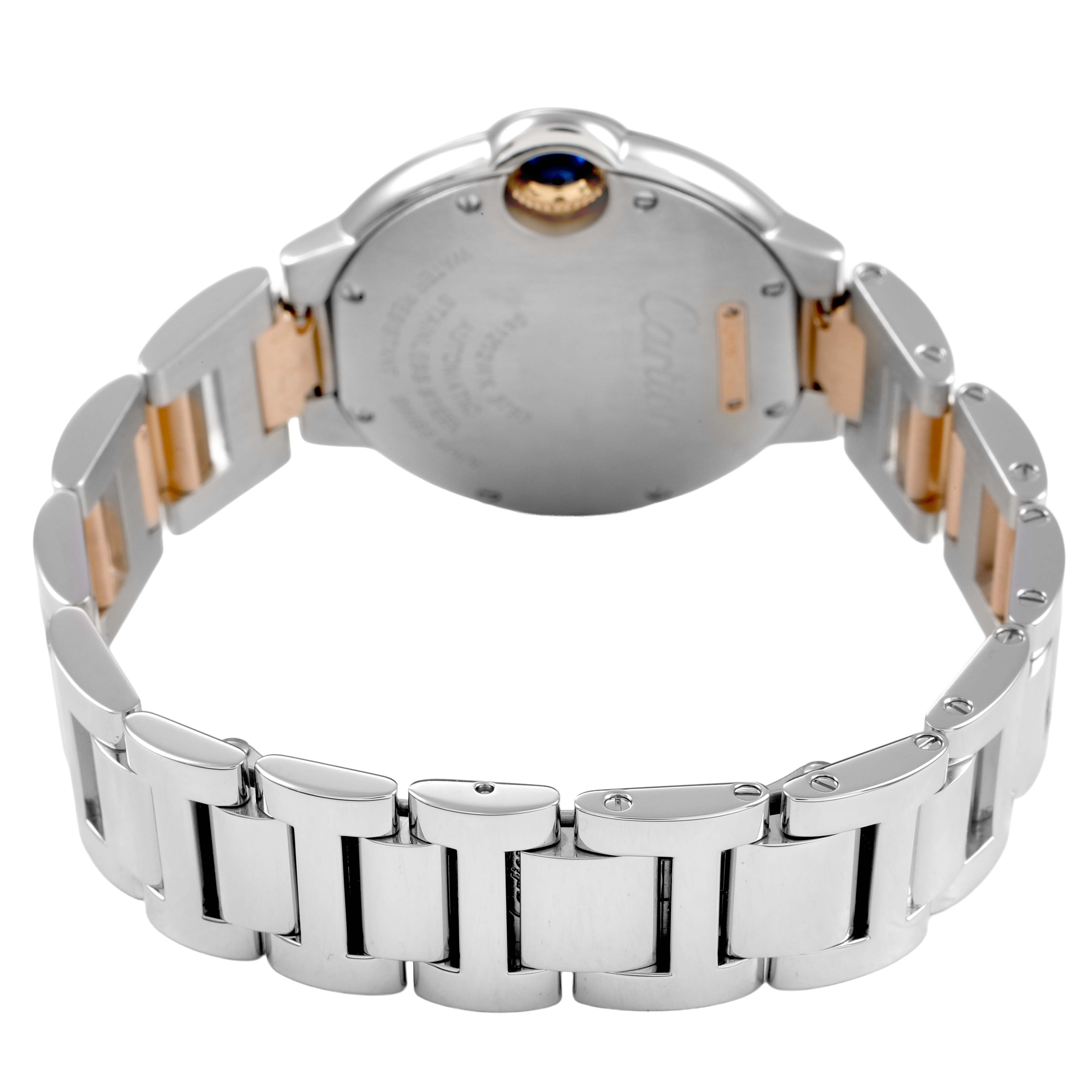 The image shows the back of the Cartier Ballon Bleu WE902077 Women's Steel and Gold (two tone) Silver Dial watch, highlighting the bracelet and the case back.