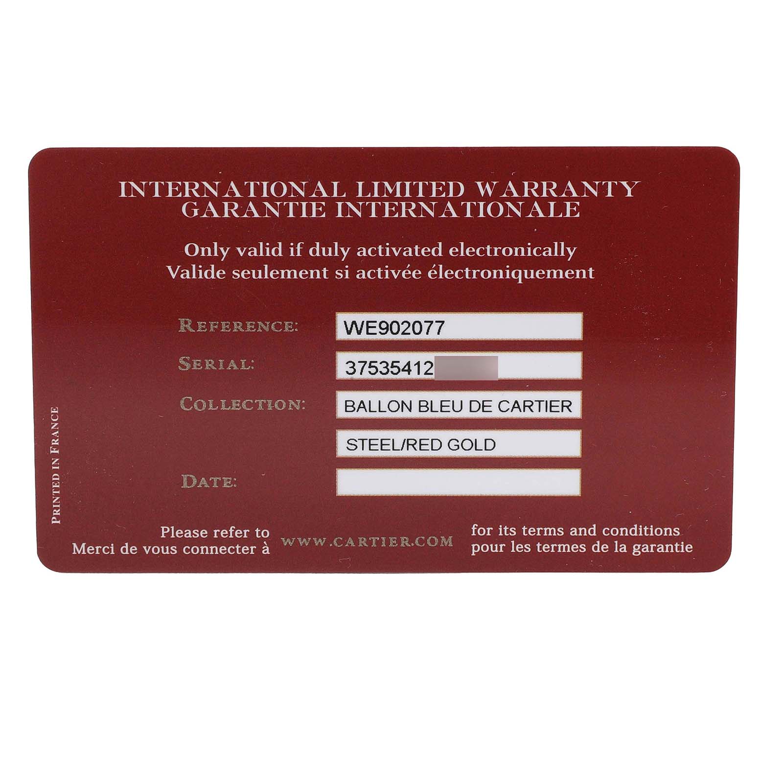The image shows the warranty card for a Cartier Ballon Bleu WE902077 Women's Steel and Gold (two tone) Silver Dial watch.