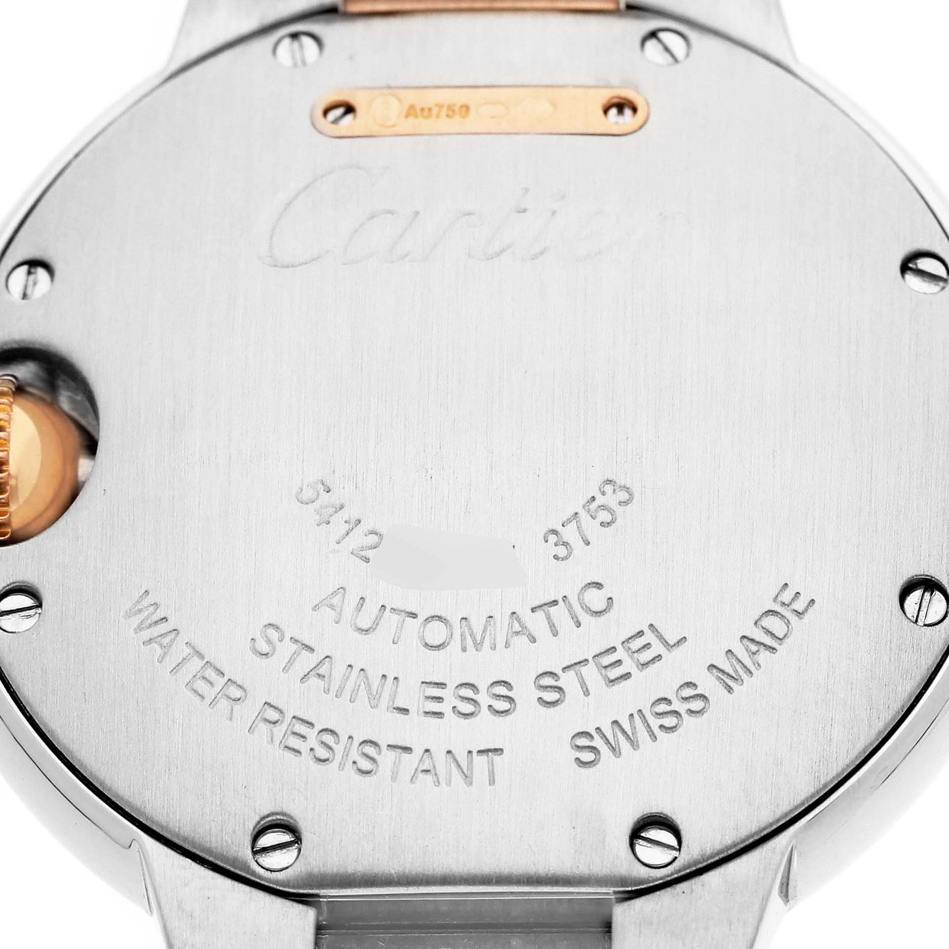 The image shows the back case of the Cartier Ballon Bleu WE902077 Women's Steel and Gold (two tone) Silver Dial watch, highlighting engravings and screws.