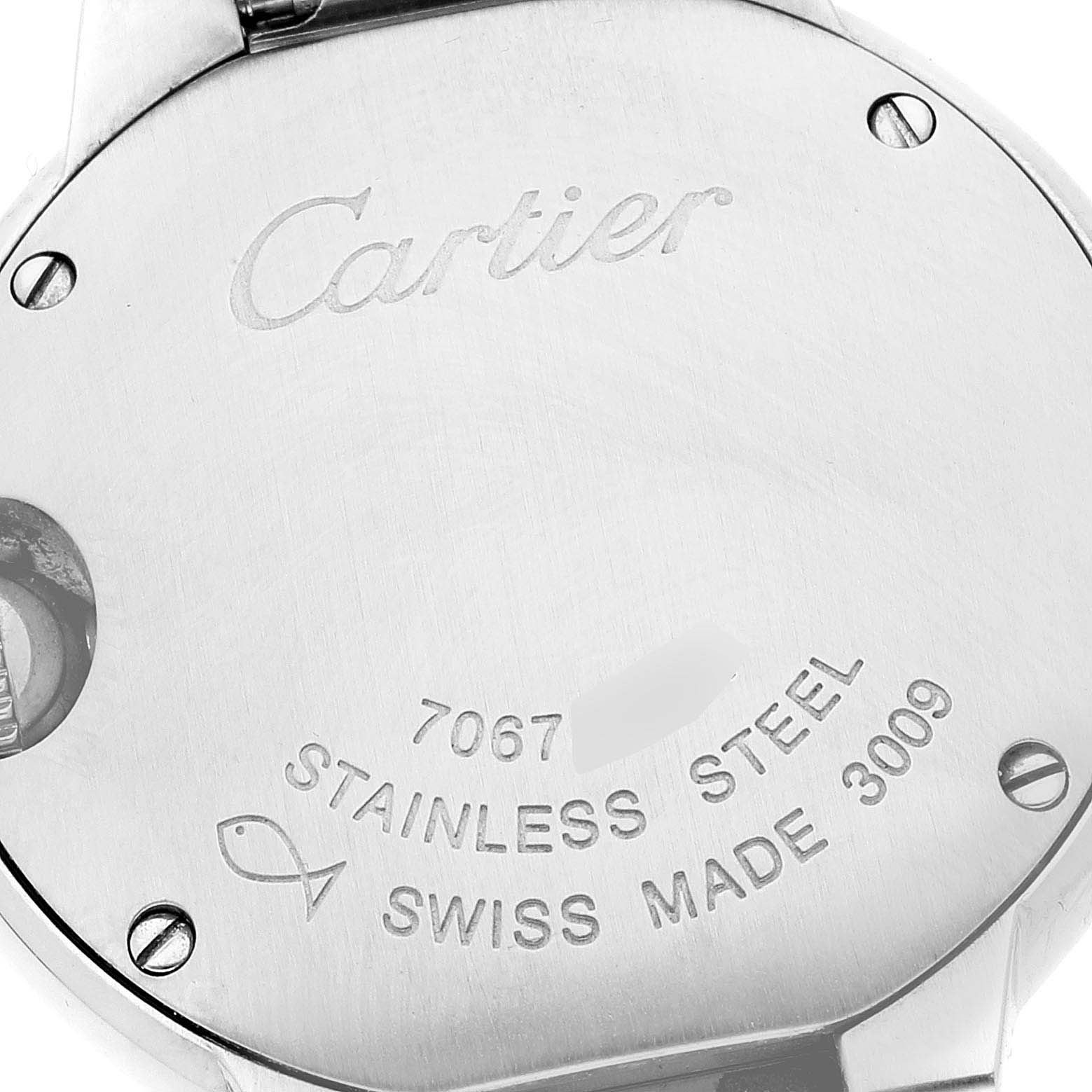 The image shows the back case of a Cartier Ballon Bleu W4BB0015 Women's Stainless Steel Silver Dial W4BB0015 Women's Stainless Steel Silver Dial watch, featuring brand engravings and specifications.